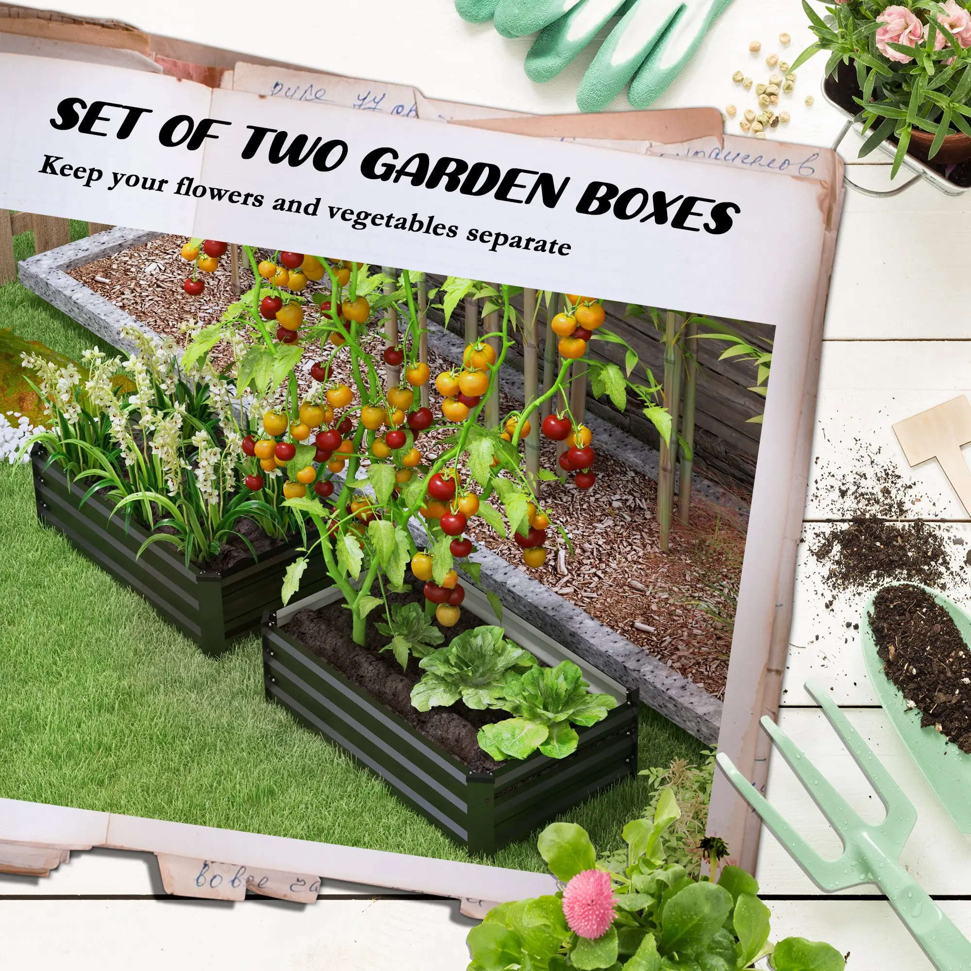 Set of 2 Galvanized Raised Garden Beds, Outdoor Planter Box, Grey - Image 4
