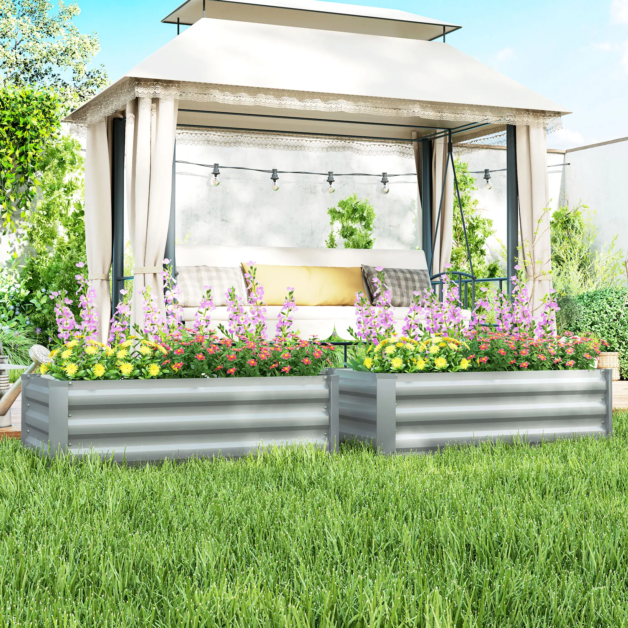 Set of 2 Galvanized Raised Garden Beds, Outdoor Planter Box, Light Grey - Image 2