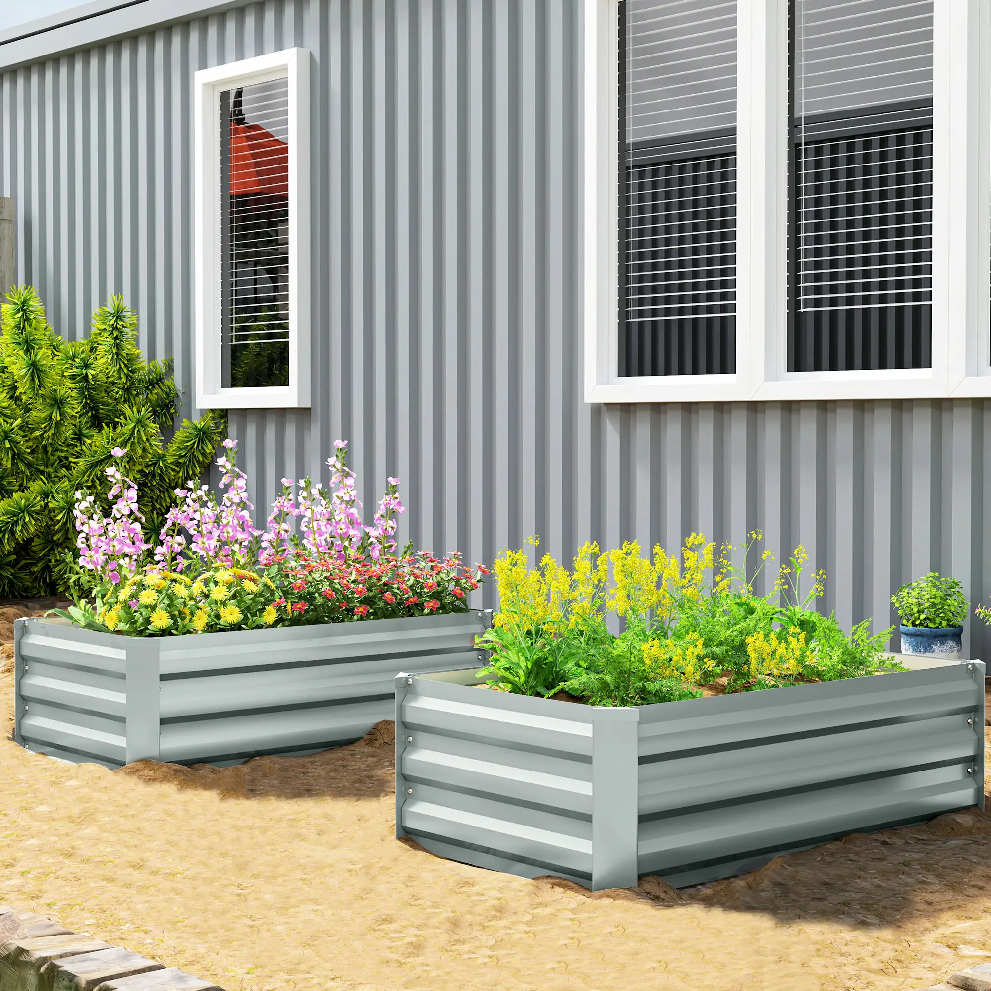 Set of 2 Galvanized Raised Garden Beds, Outdoor Planter Box, Light Grey - Image 8