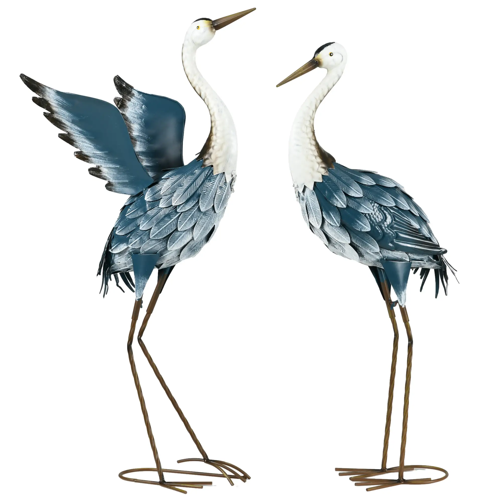 Set of 2 Garden Sculptures, Heron Statues, 29" & 27.5", Blue
