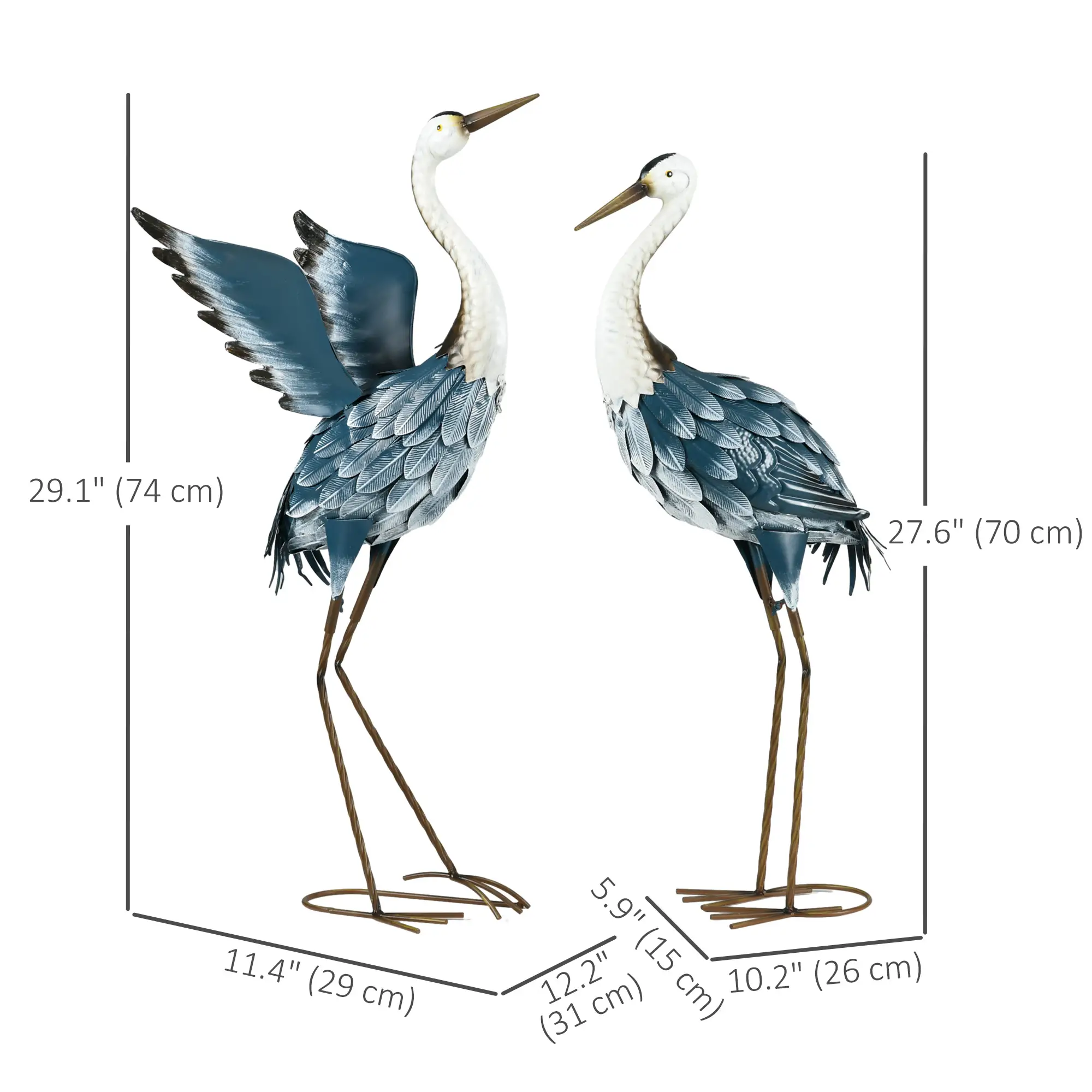 Set of 2 Garden Sculptures, Heron Statues, 29" & 27.5", Blue - Image 3