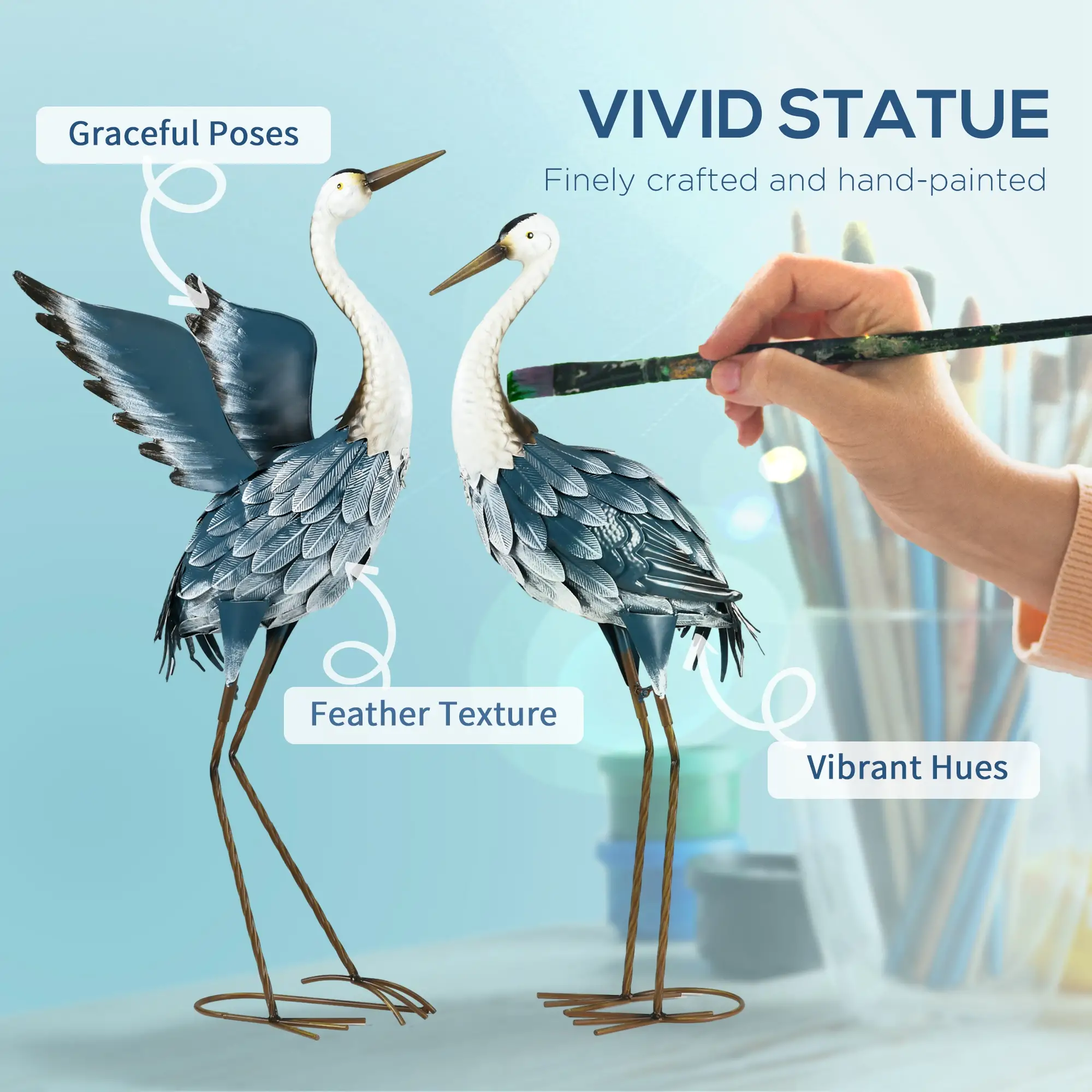 Set of 2 Garden Sculptures, Heron Statues, 29" & 27.5", Blue - Image 4