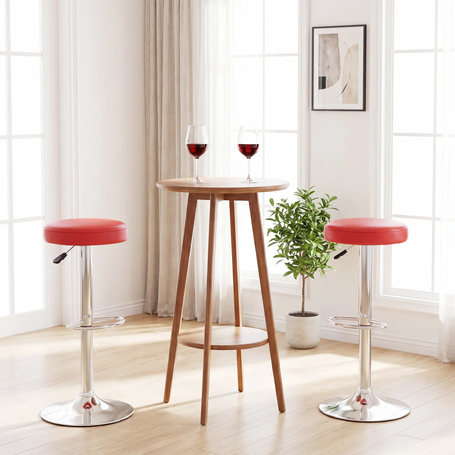 Set of 2 Height-adjustable Swivel Bar Stool with 360° Swivel bar stool, Red - Image 3