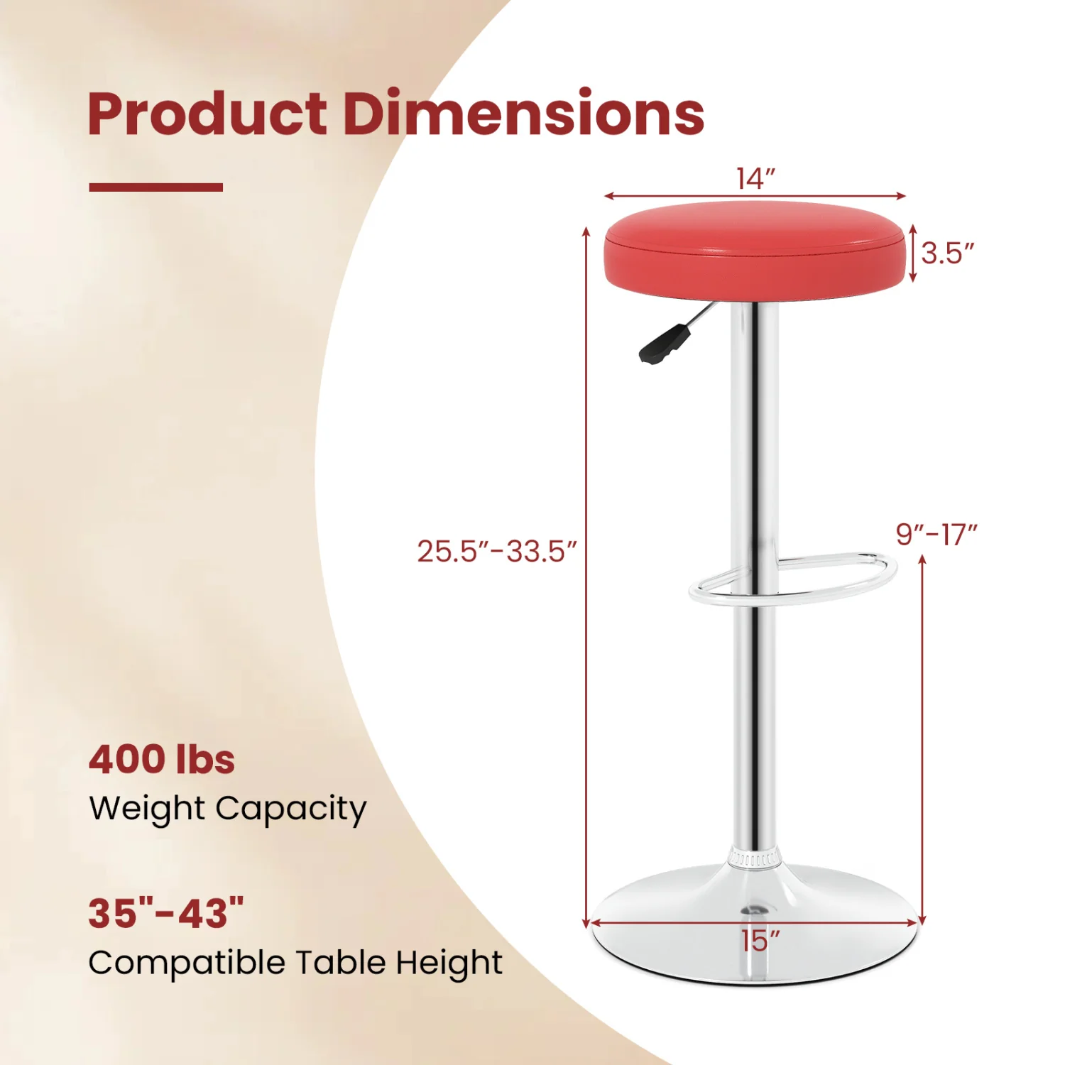 Set of 2 Height-adjustable Swivel Bar Stool with 360° Swivel bar stool, Red - Image 5