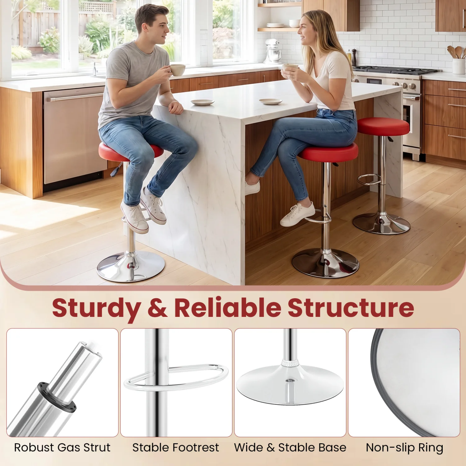 Set of 2 Height-adjustable Swivel Bar Stool with 360° Swivel bar stool, Red - Image 8