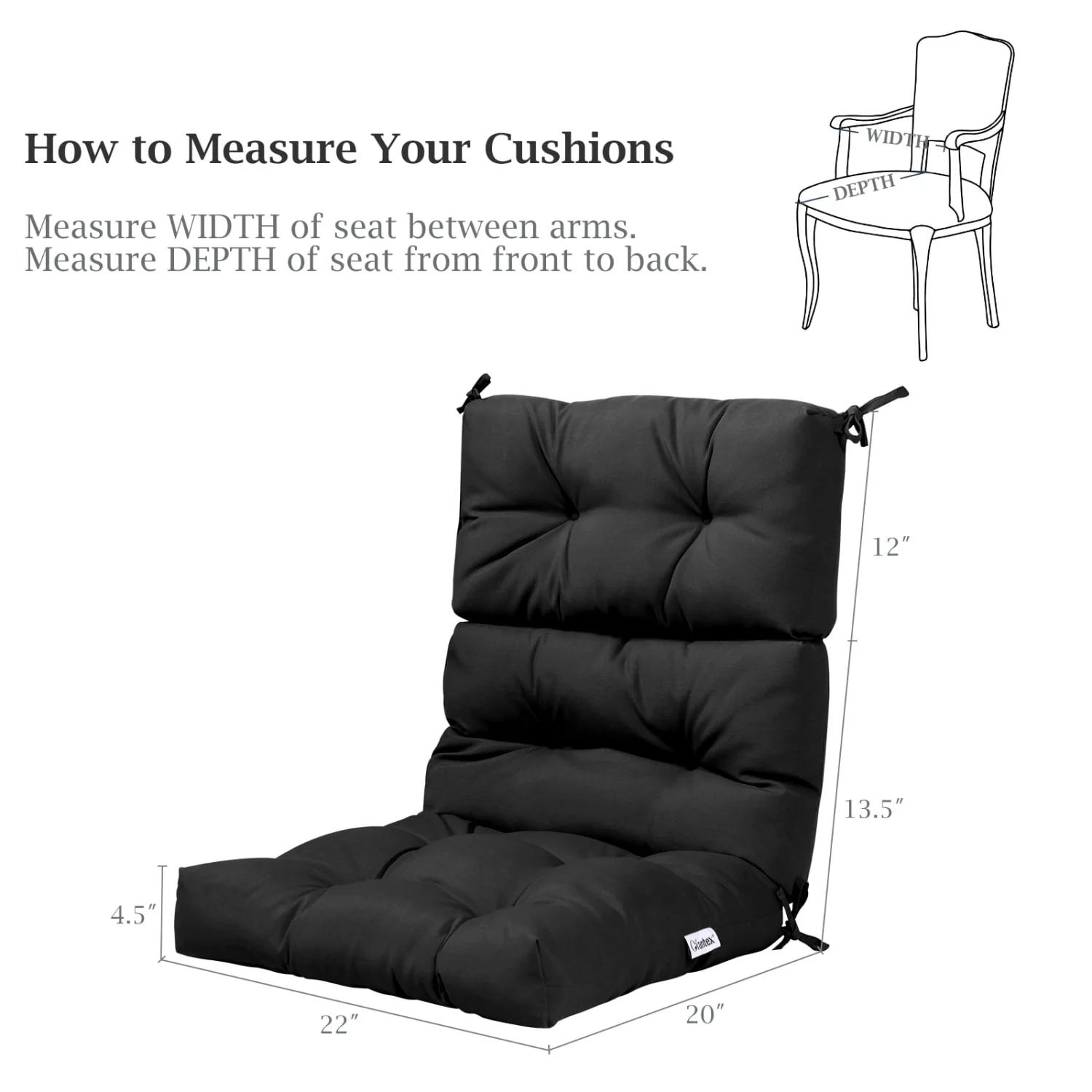 Set of 2 High Back Chair Cushion with Adjustable Height, Black - Image 3