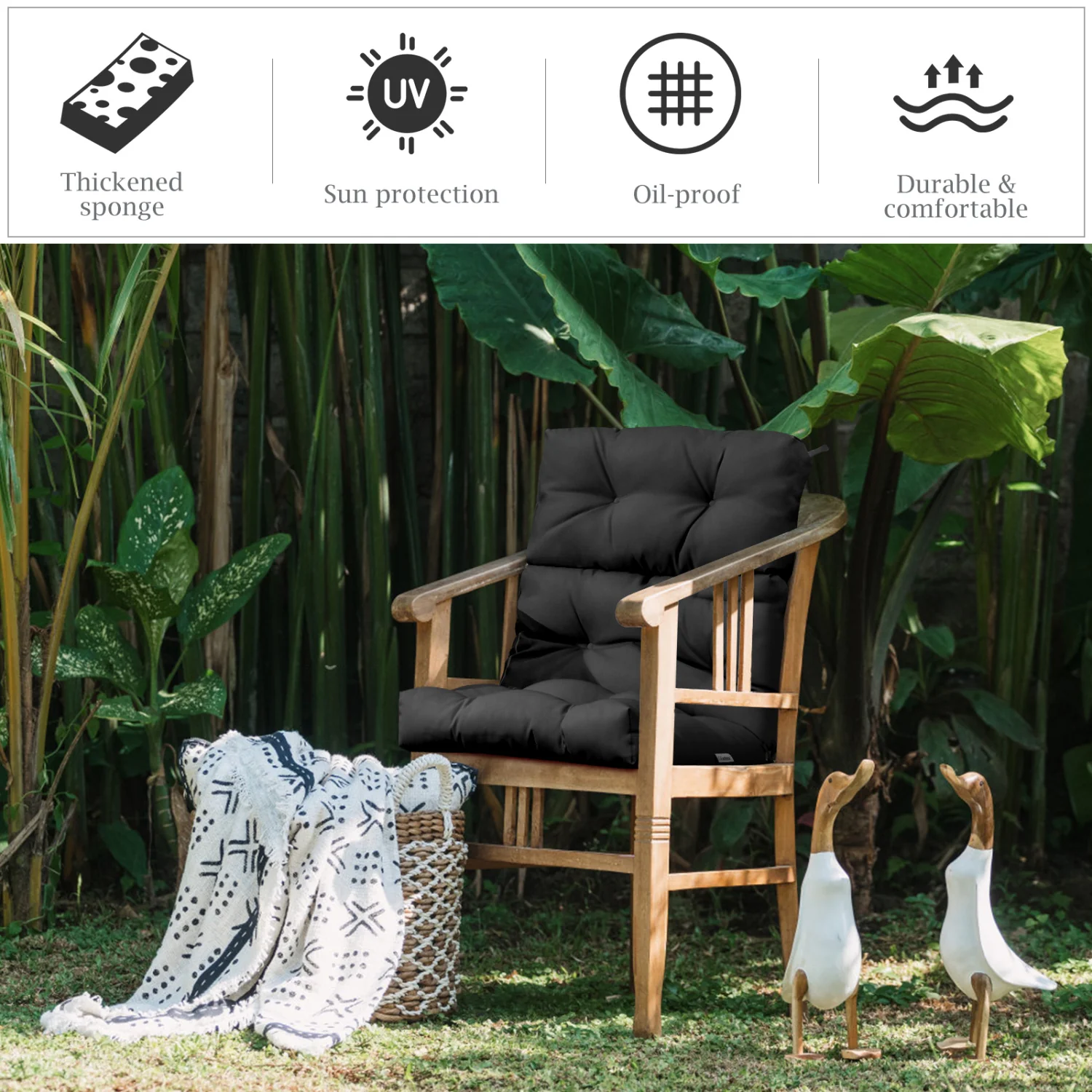 Set of 2 High Back Chair Cushion with Adjustable Height, Black - Image 5