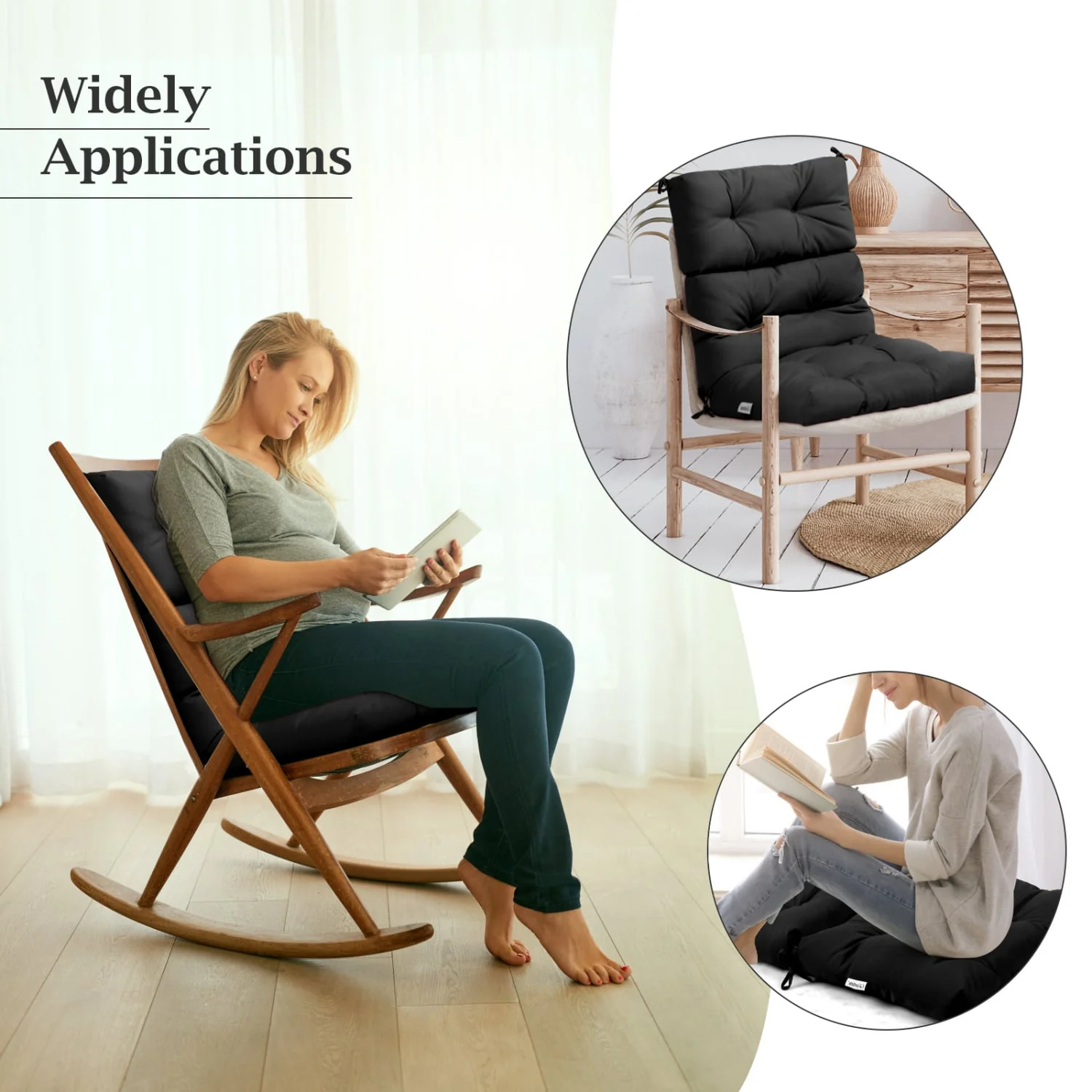 Set of 2 High Back Chair Cushion with Adjustable Height, Black - Image 6