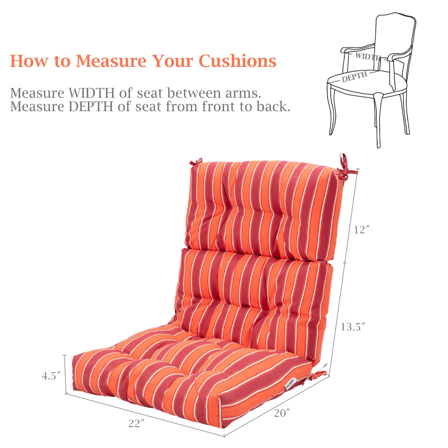 Set of 2 High Back Chair Cushion with Adjustable Height, Orange - Image 3
