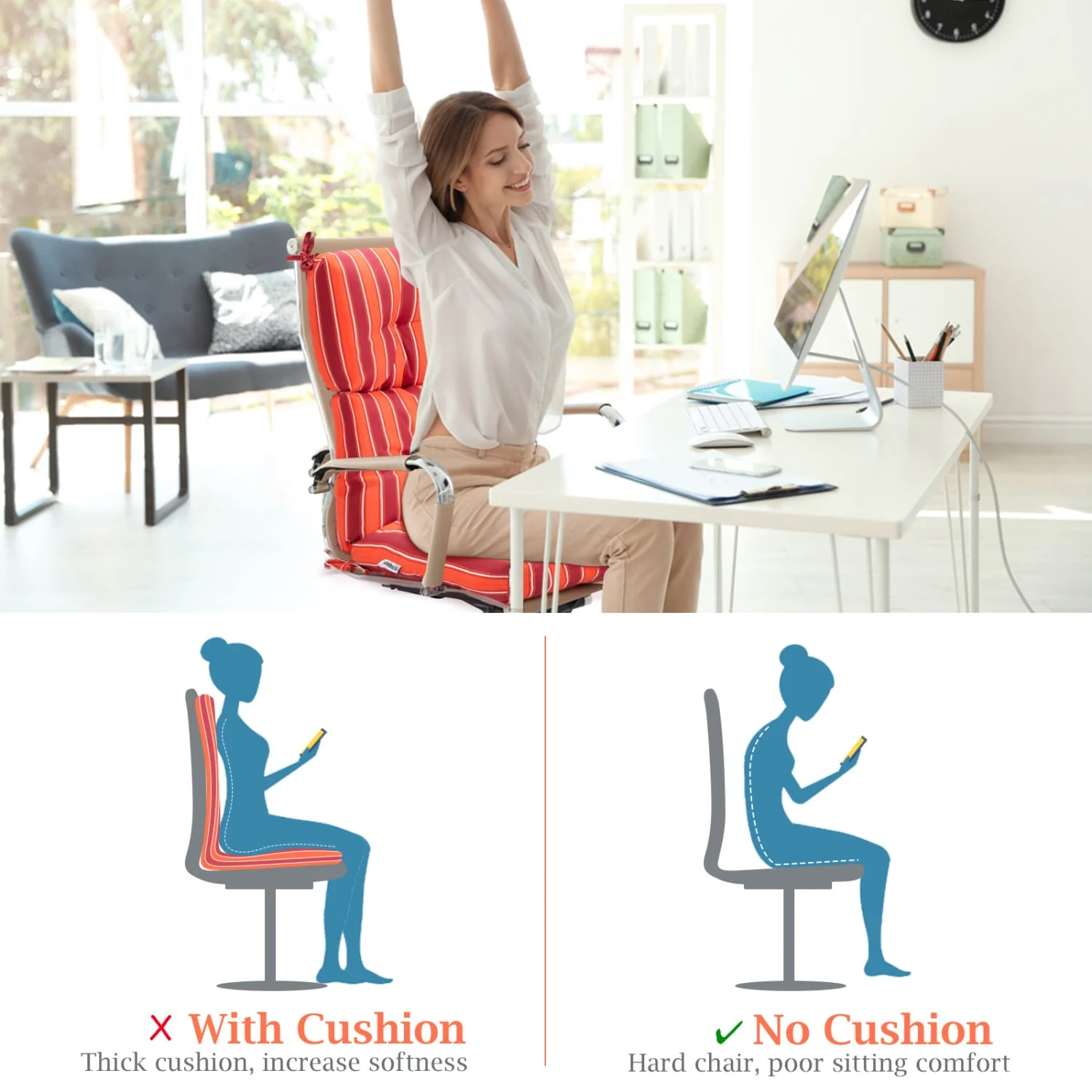 Set of 2 High Back Chair Cushion with Adjustable Height, Orange - Image 4