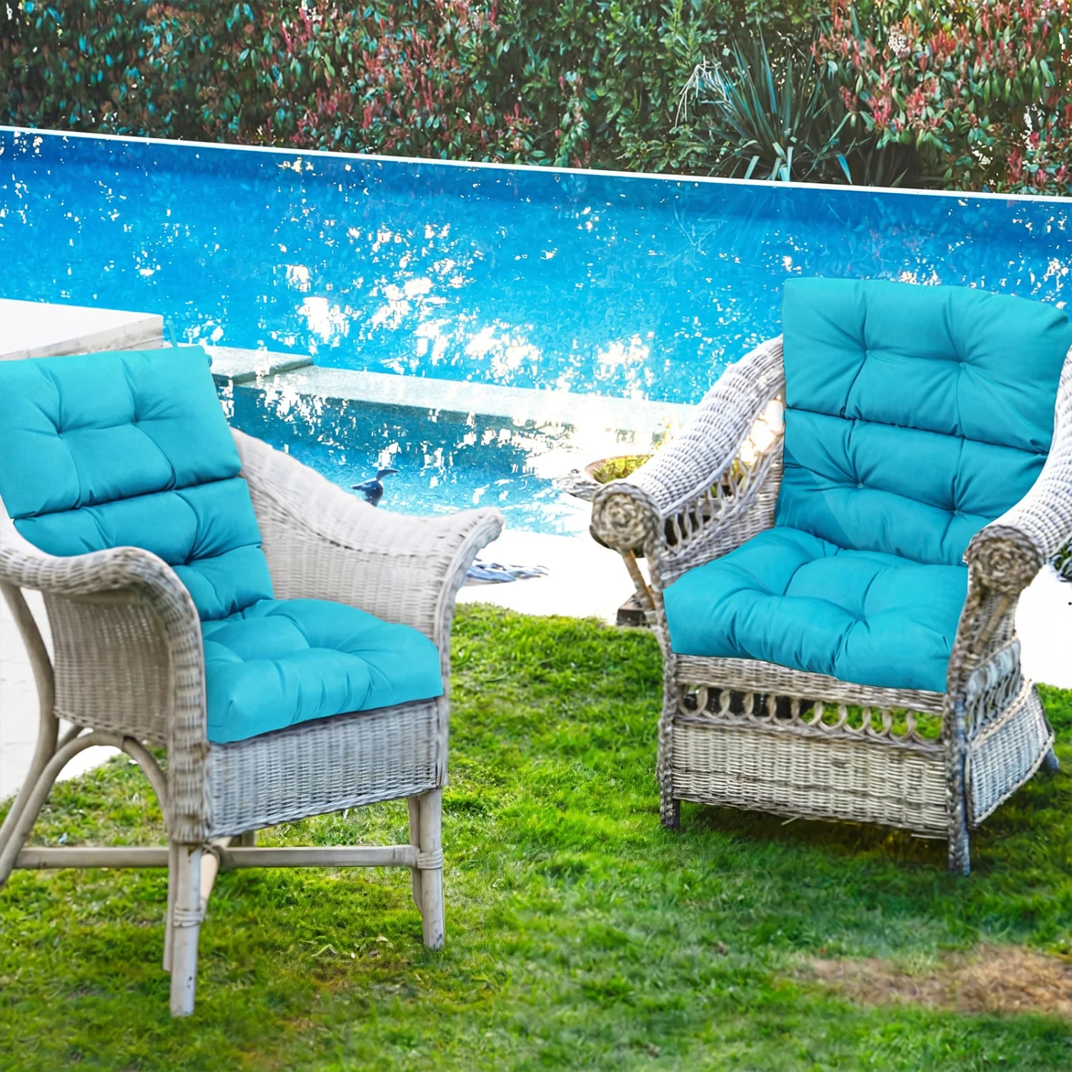 Set Of 2 High Back Chair Cushions, Turquoise - Image 2