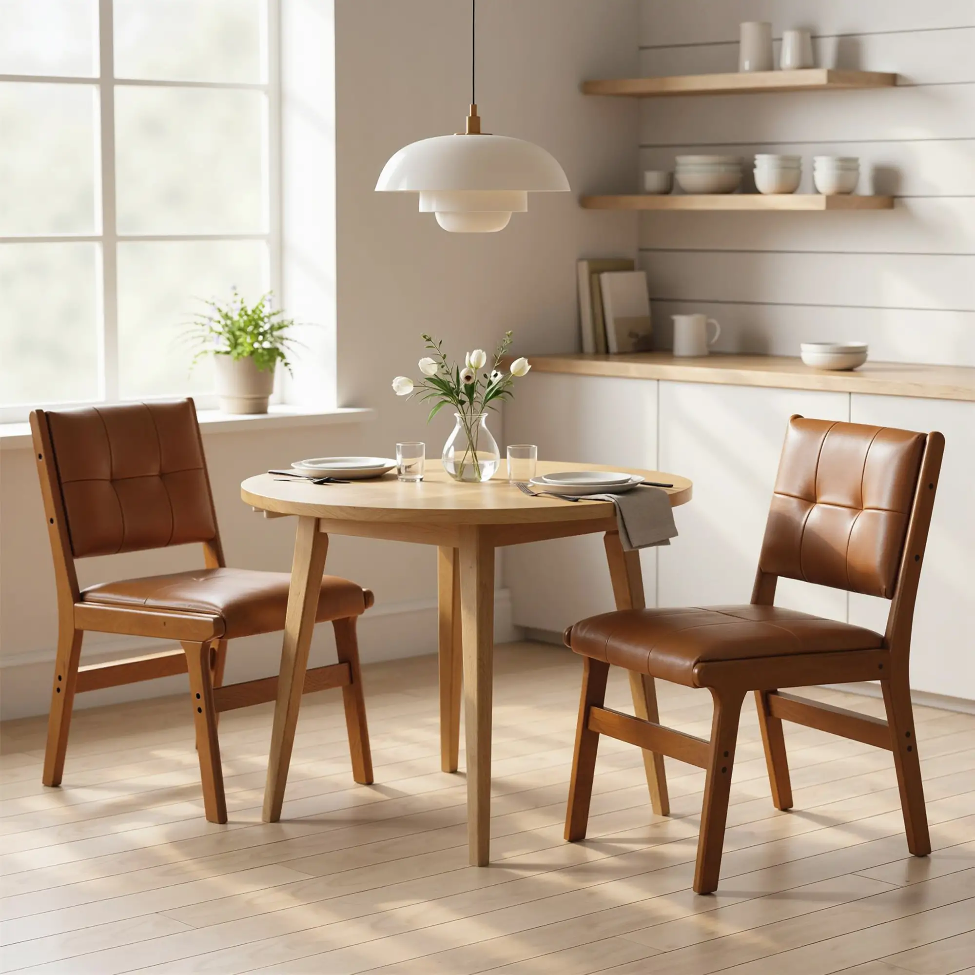 Set of 2 Kitchen Chairs, Button Tufted PU Leather Dining Chairs, Brown - Image 2