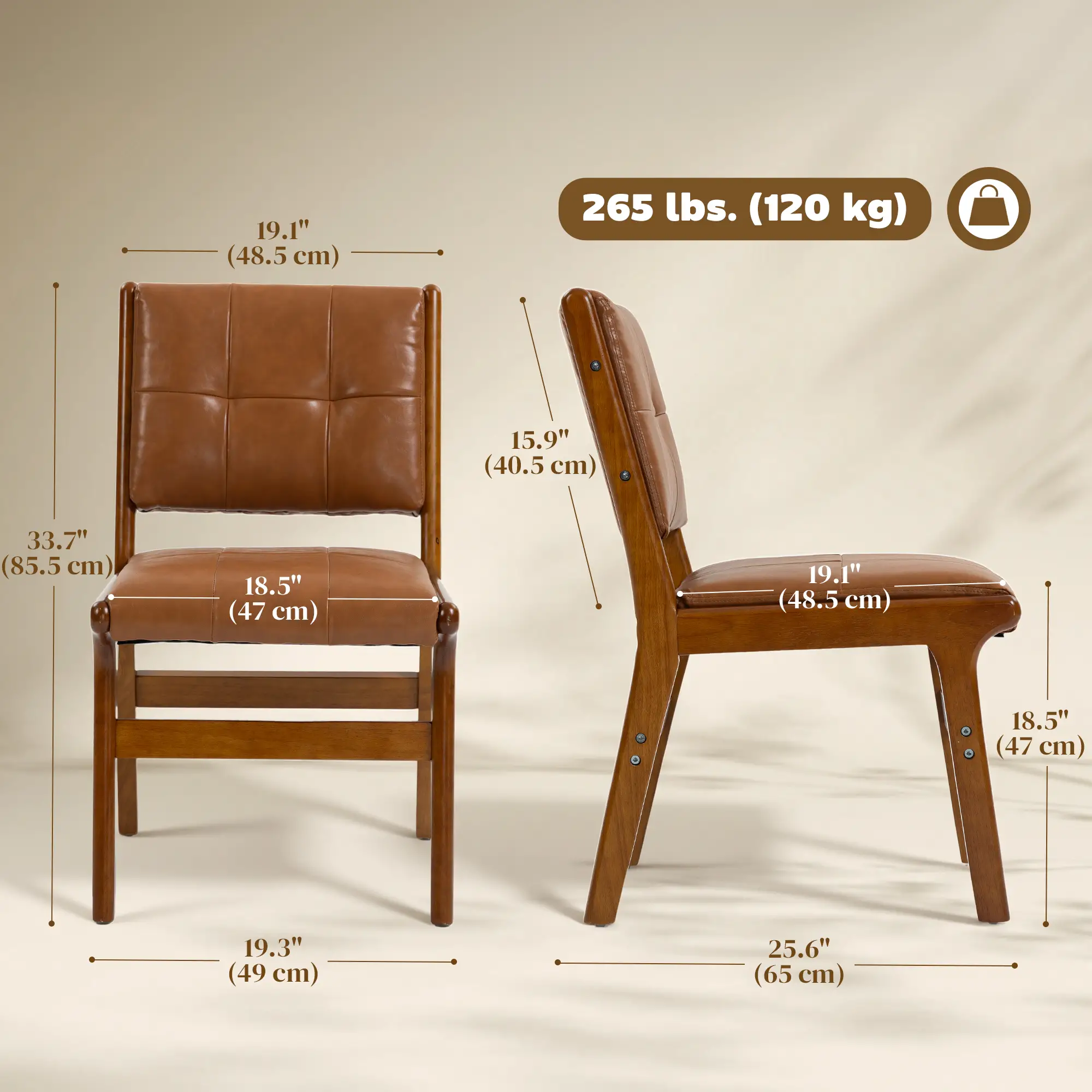 Set of 2 Kitchen Chairs, Button Tufted PU Leather Dining Chairs, Brown - Image 3