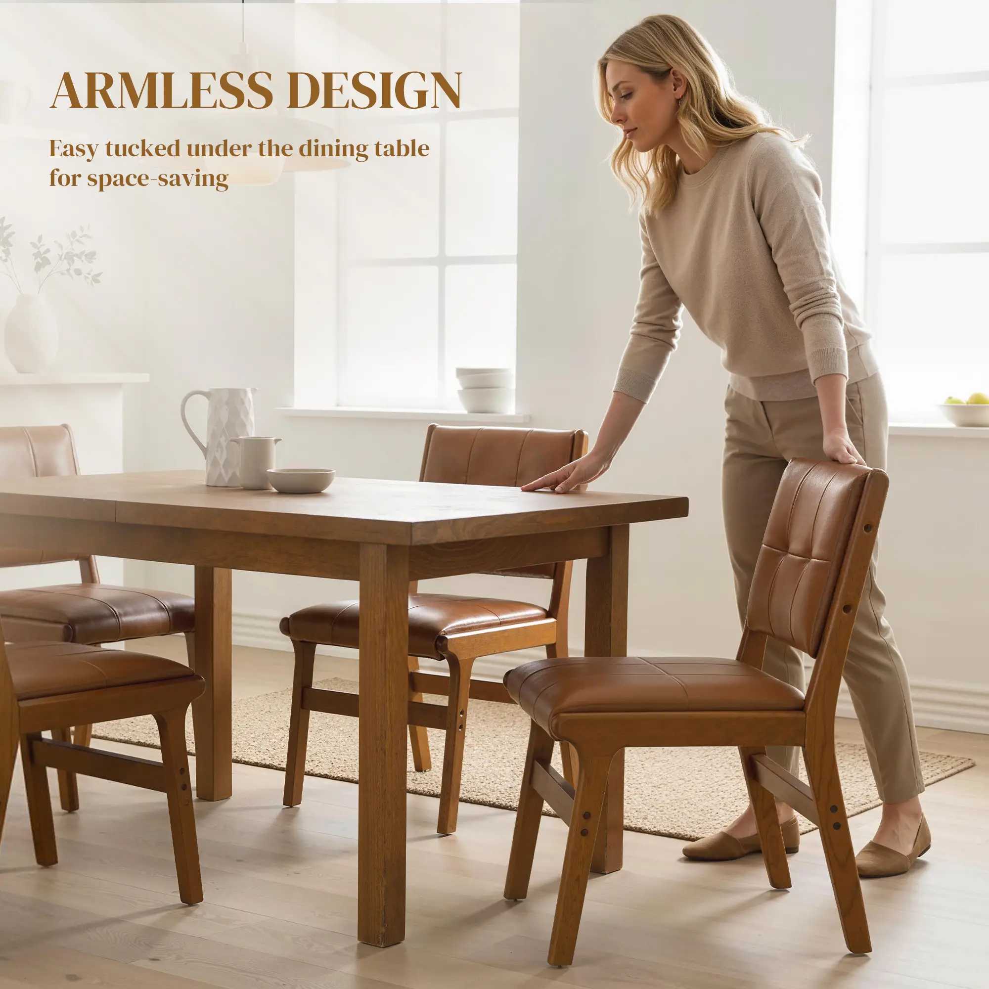 Set of 2 Kitchen Chairs, Button Tufted PU Leather Dining Chairs, Brown - Image 7
