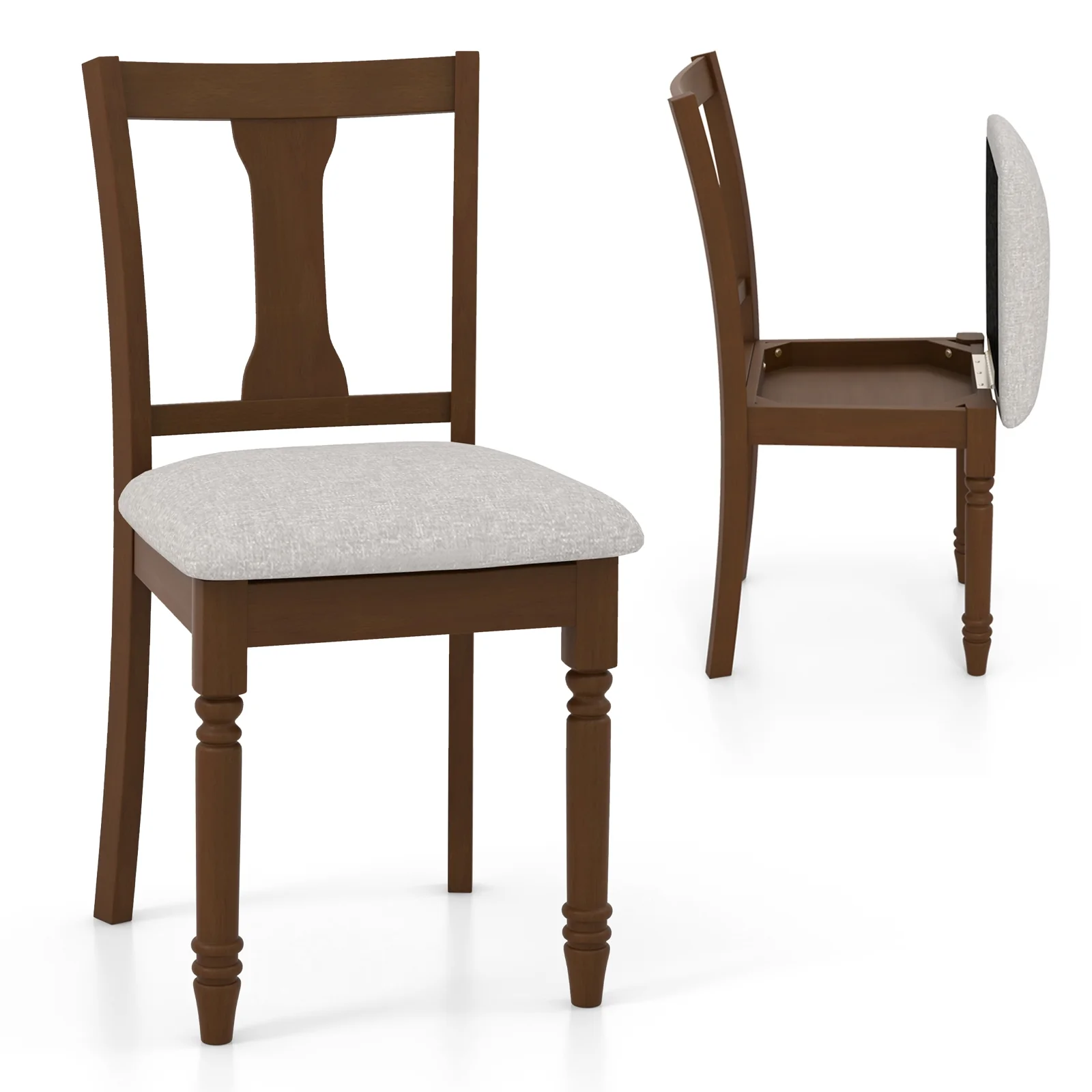 Set of 2 Kitchen Dining Chairs, Linen Fabric, Storage Space, Brown - Image 4
