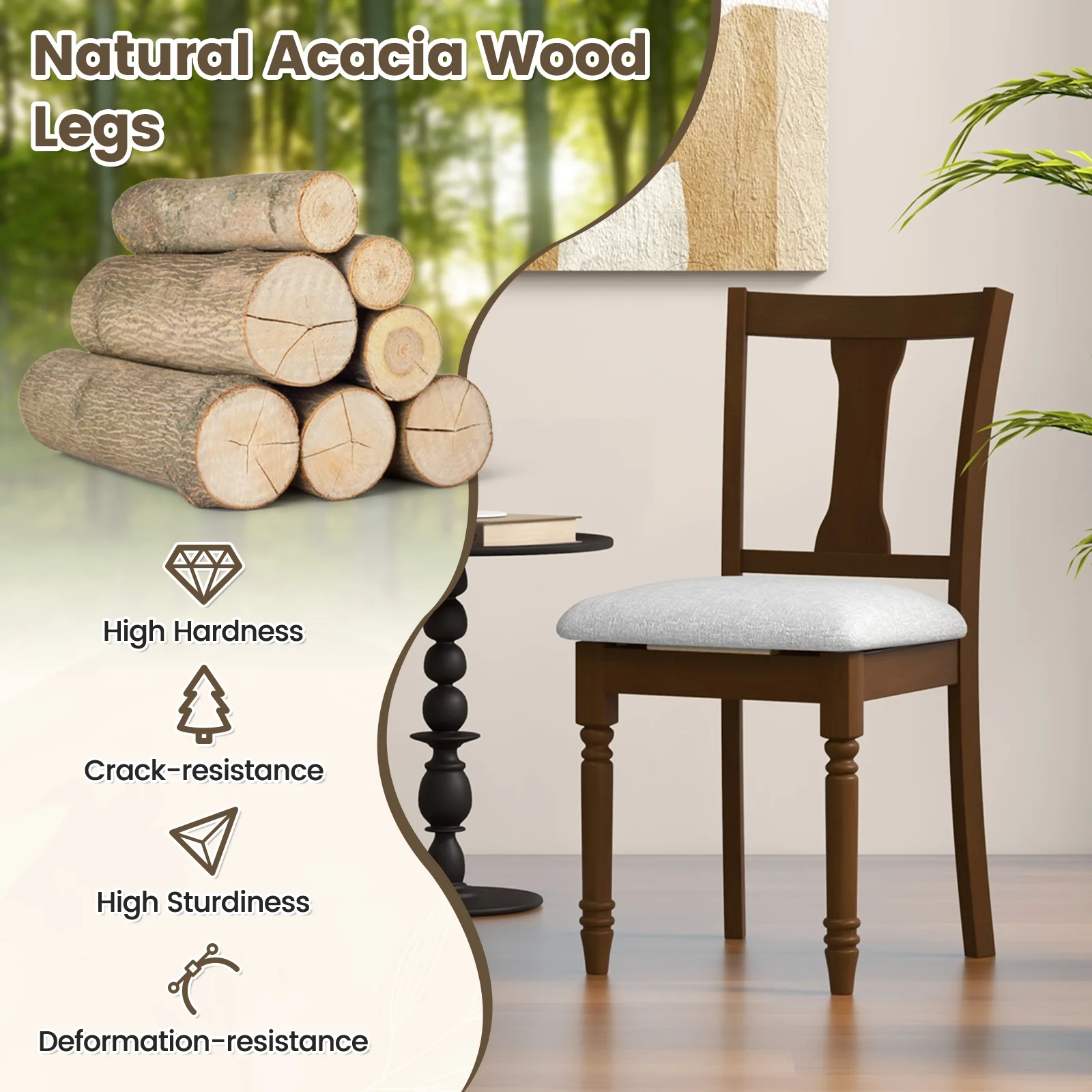 Set of 2 Kitchen Dining Chairs, Linen Fabric, Storage Space, Brown - Image 6
