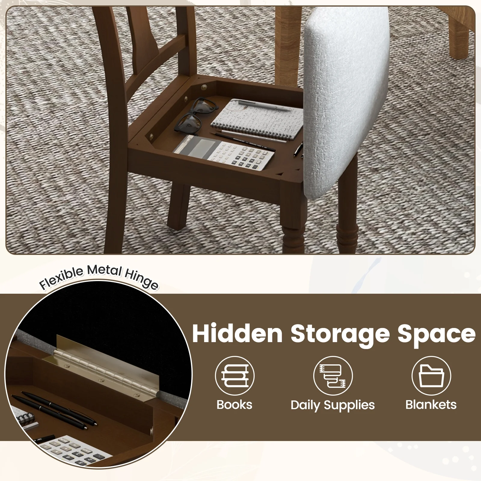 Set of 2 Kitchen Dining Chairs, Linen Fabric, Storage Space, Brown - Image 8