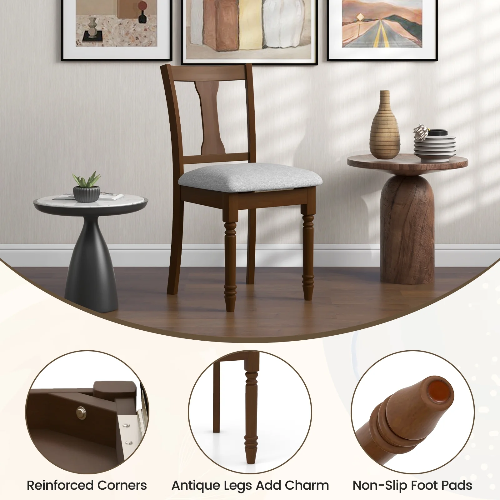 Set of 2 Kitchen Dining Chairs, Linen Fabric, Storage Space, Brown - Image 9
