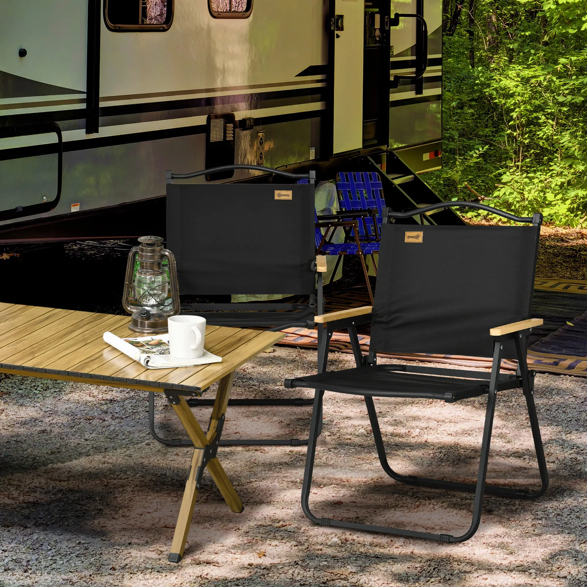 Set Of 2 Lightweight Folding Camping Chairs, Portable Armchairs, Black - Image 2