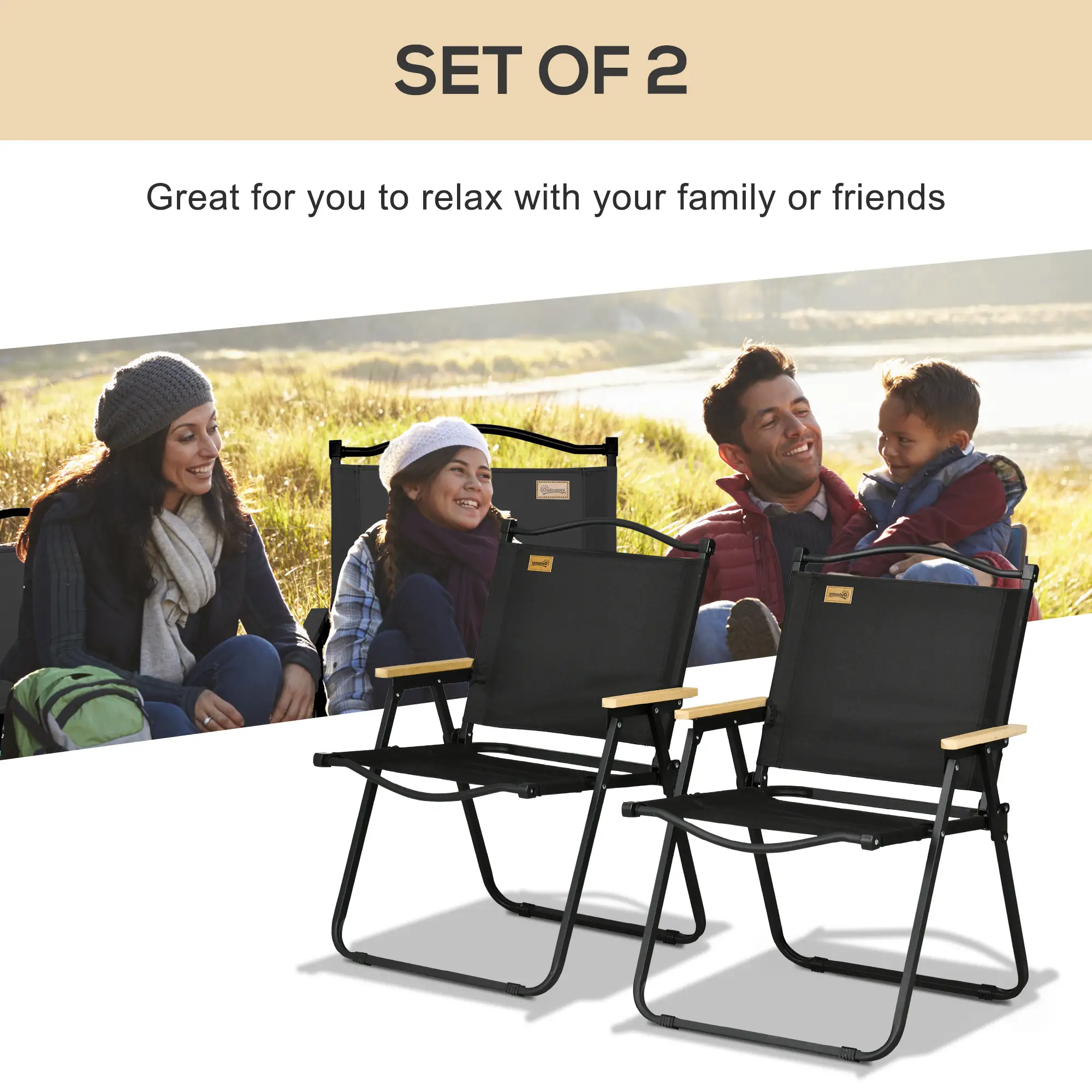Set Of 2 Lightweight Folding Camping Chairs, Portable Armchairs, Black - Image 4