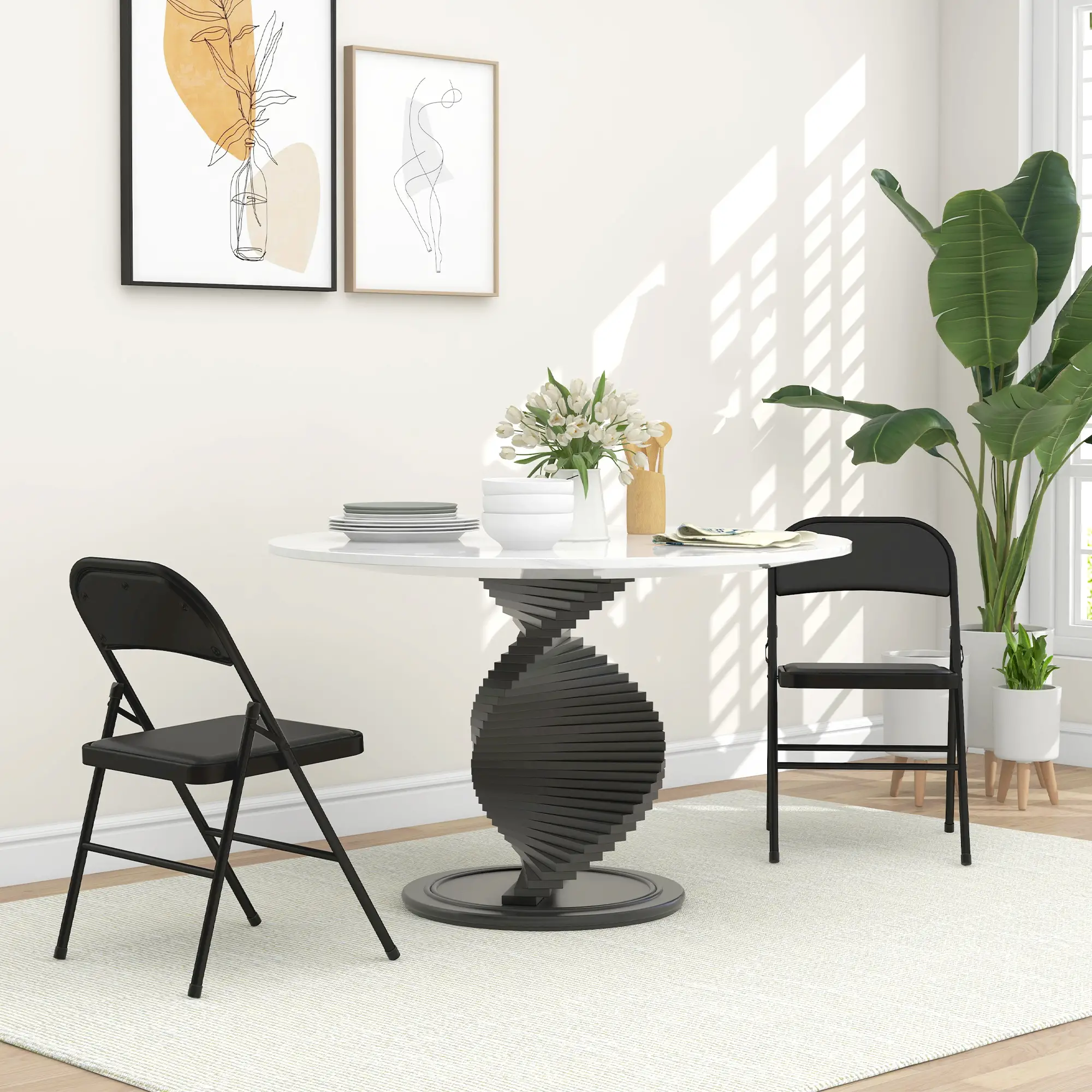 Set of 2 Metal Foldable Chairs, PU Leather Padded, Black - Image 2