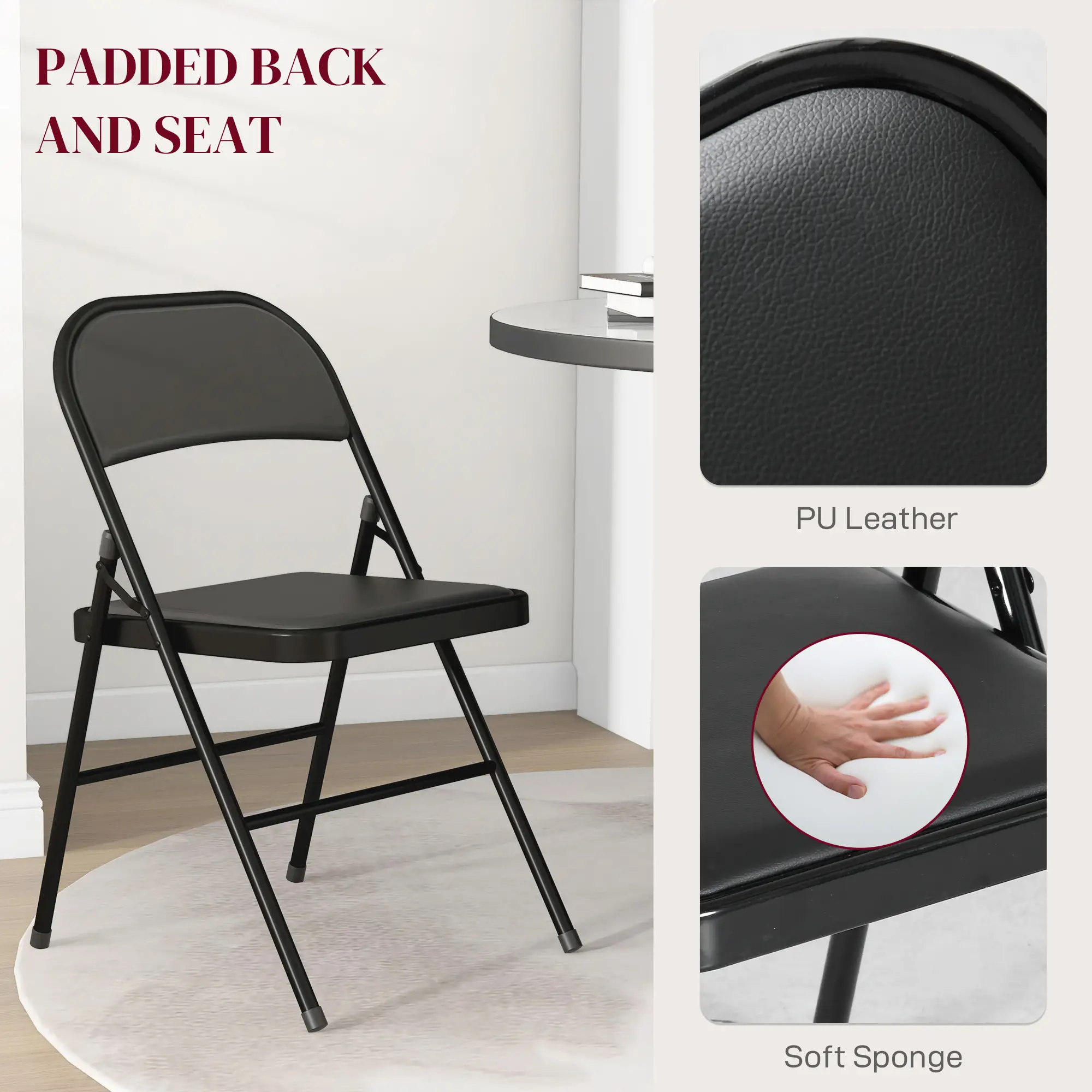 Set of 2 Metal Foldable Chairs, PU Leather Padded, Black - Image 4