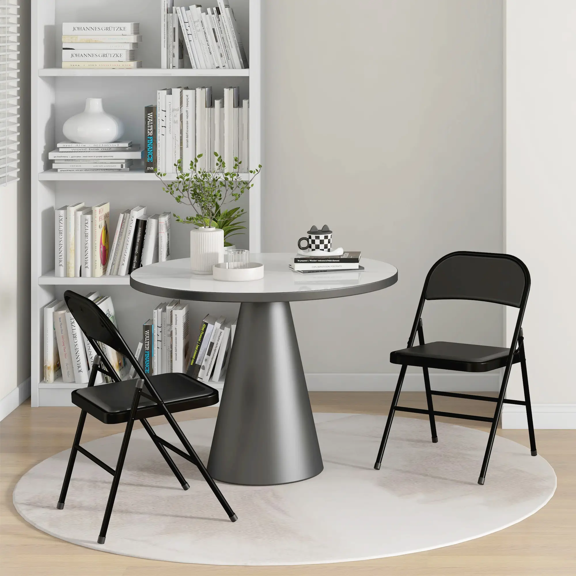 Set of 2 Metal Foldable Chairs, PU Leather Padded, Black - Image 8