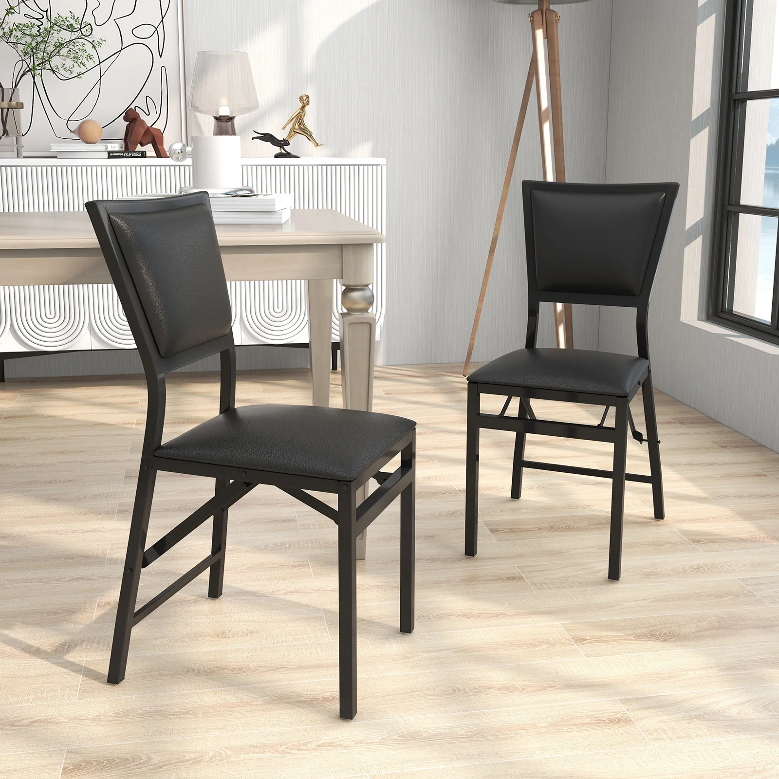 Set of 2 Metal Folding Dining Chairs, Space Saving Design, Black - Image 2
