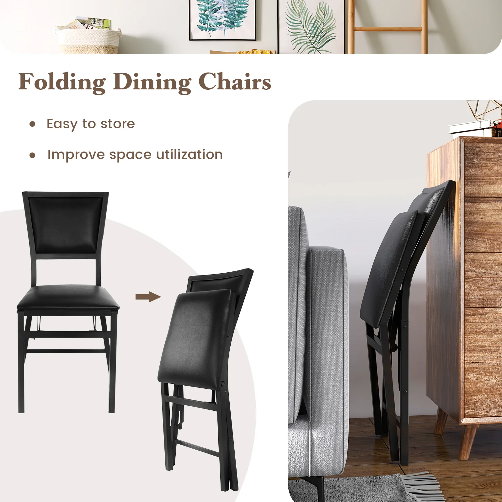 Set of 2 Metal Folding Dining Chairs, Space Saving Design, Black - Image 9
