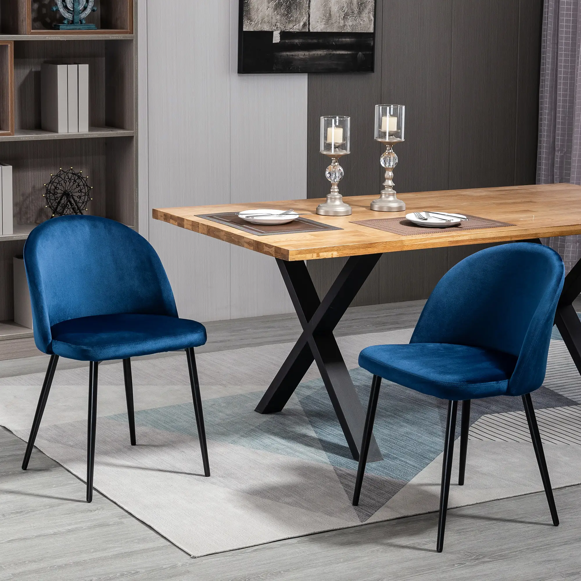 Set of 2 Mid-Back Dining Chairs, Velvet Upholstery, Dark Blue, Dark Blue - Image 2