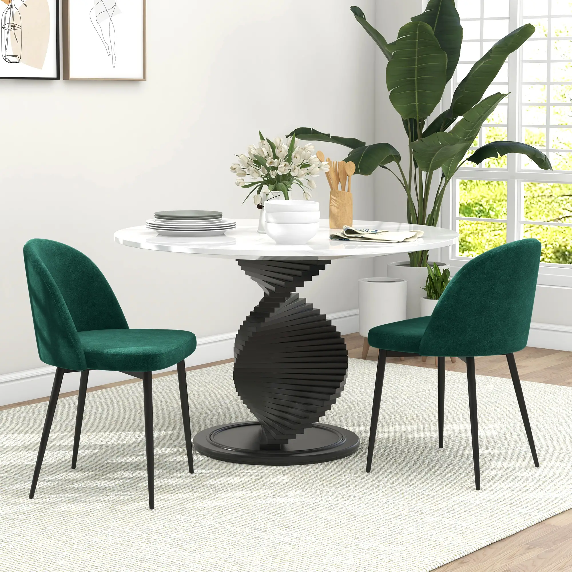 Set of 2 Mid-Back Dining Chairs, Velvet Upholstery, Green - Image 2
