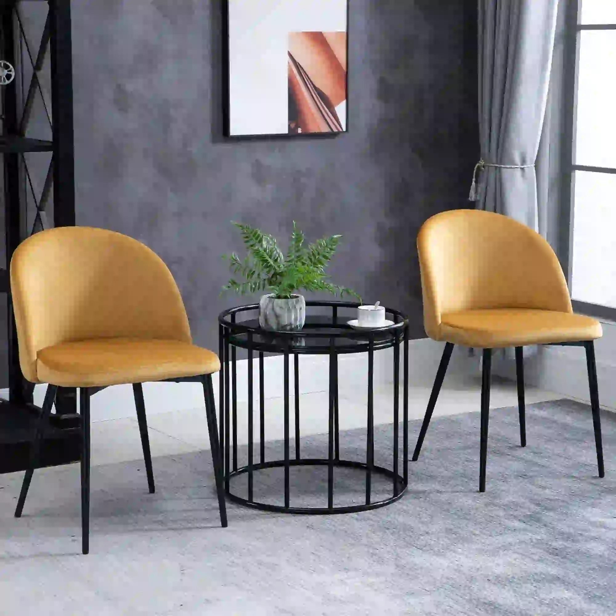 Set of 2 Mid-Back Dining Chairs, Velvet Upholstery, Yellow