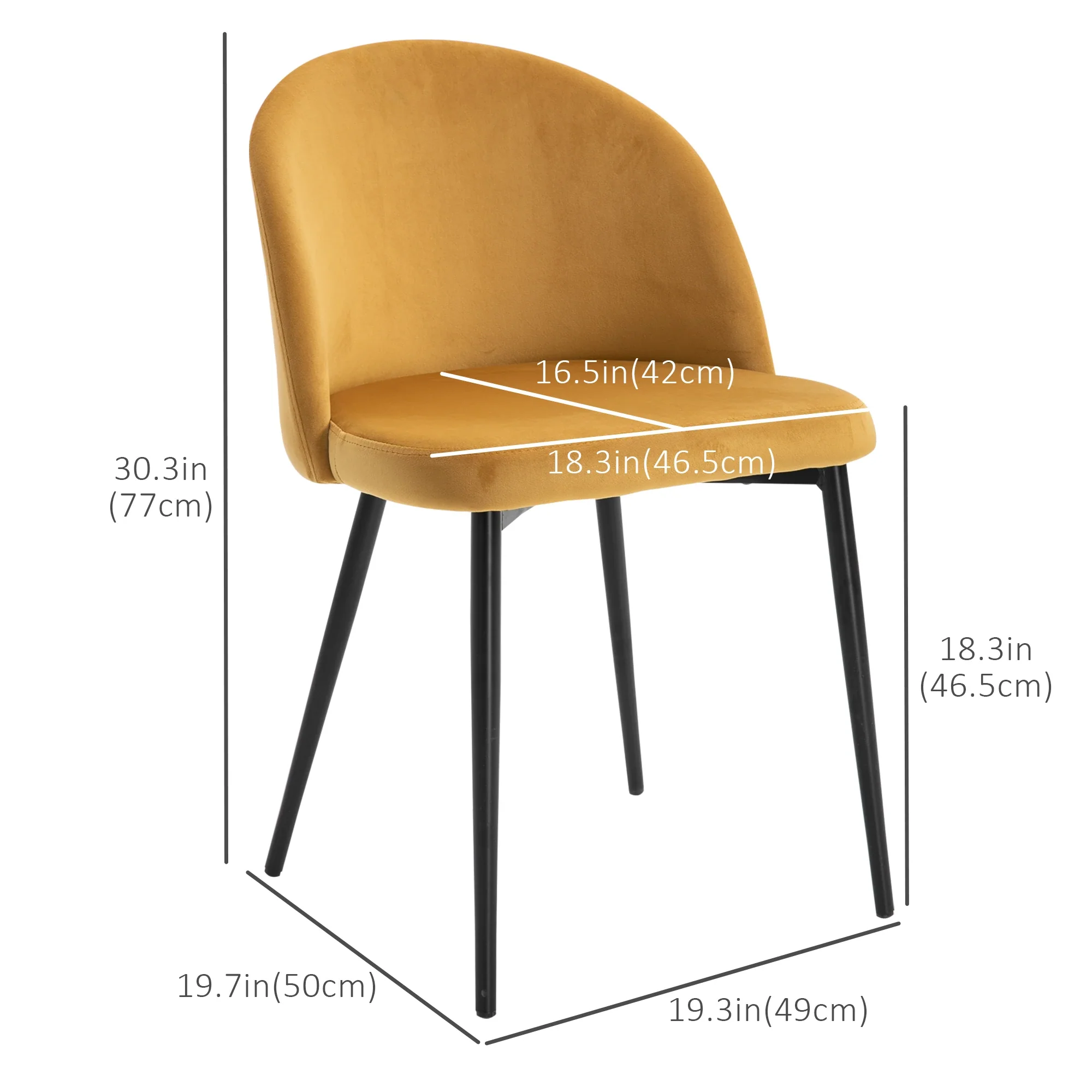 Set of 2 Mid-Back Dining Chairs, Velvet Upholstery, Yellow - Image 4