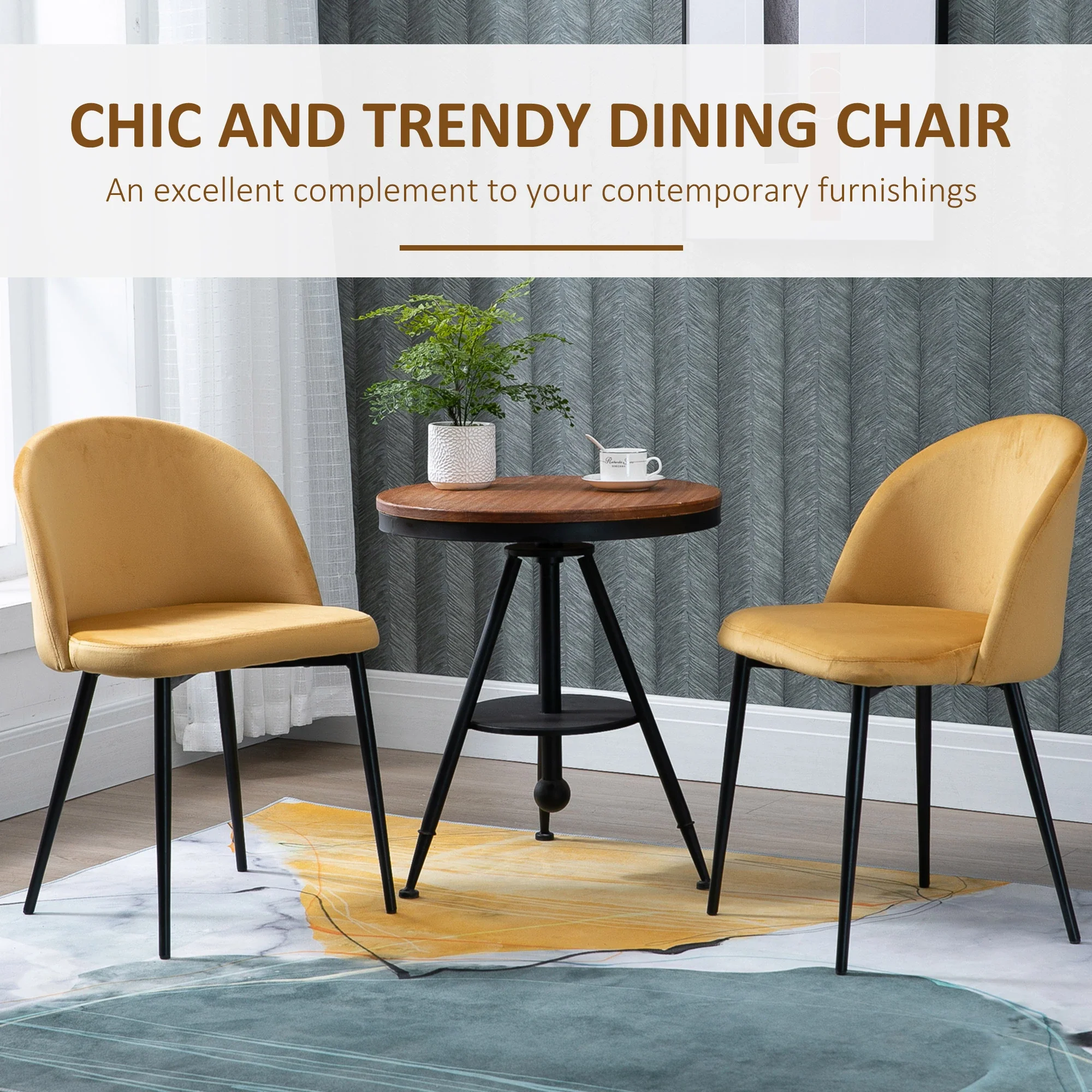 Set of 2 Mid-Back Dining Chairs, Velvet Upholstery, Yellow - Image 5