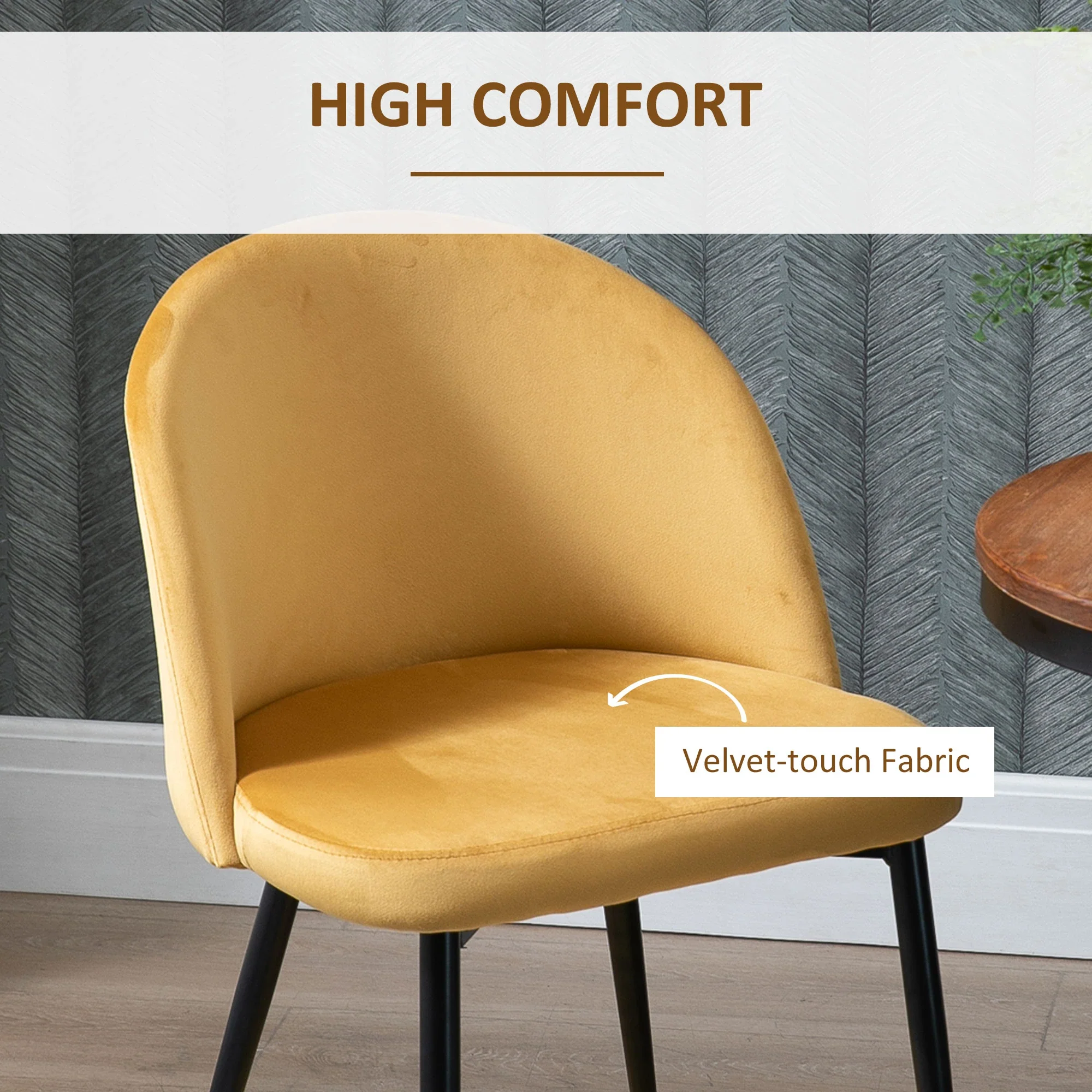 Set of 2 Mid-Back Dining Chairs, Velvet Upholstery, Yellow - Image 6