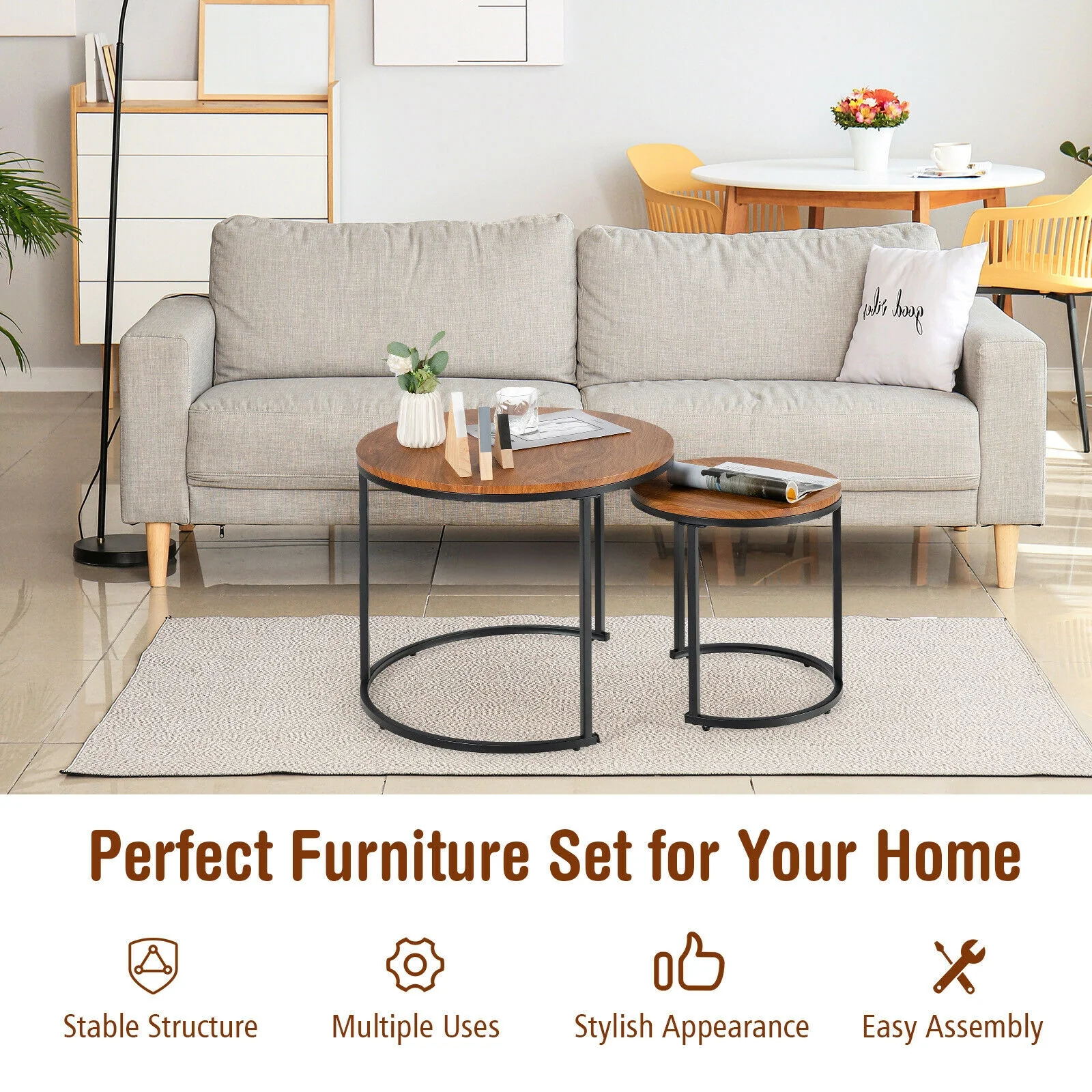 Set Of 2 Modern Round Stacking Nesting Coffee Tables, Brown - Image 10