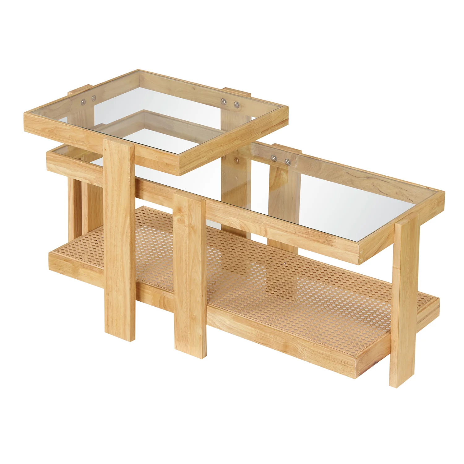 Set of 2 Nesting Coffee Table with Boho Rattan Accent Table, Natural