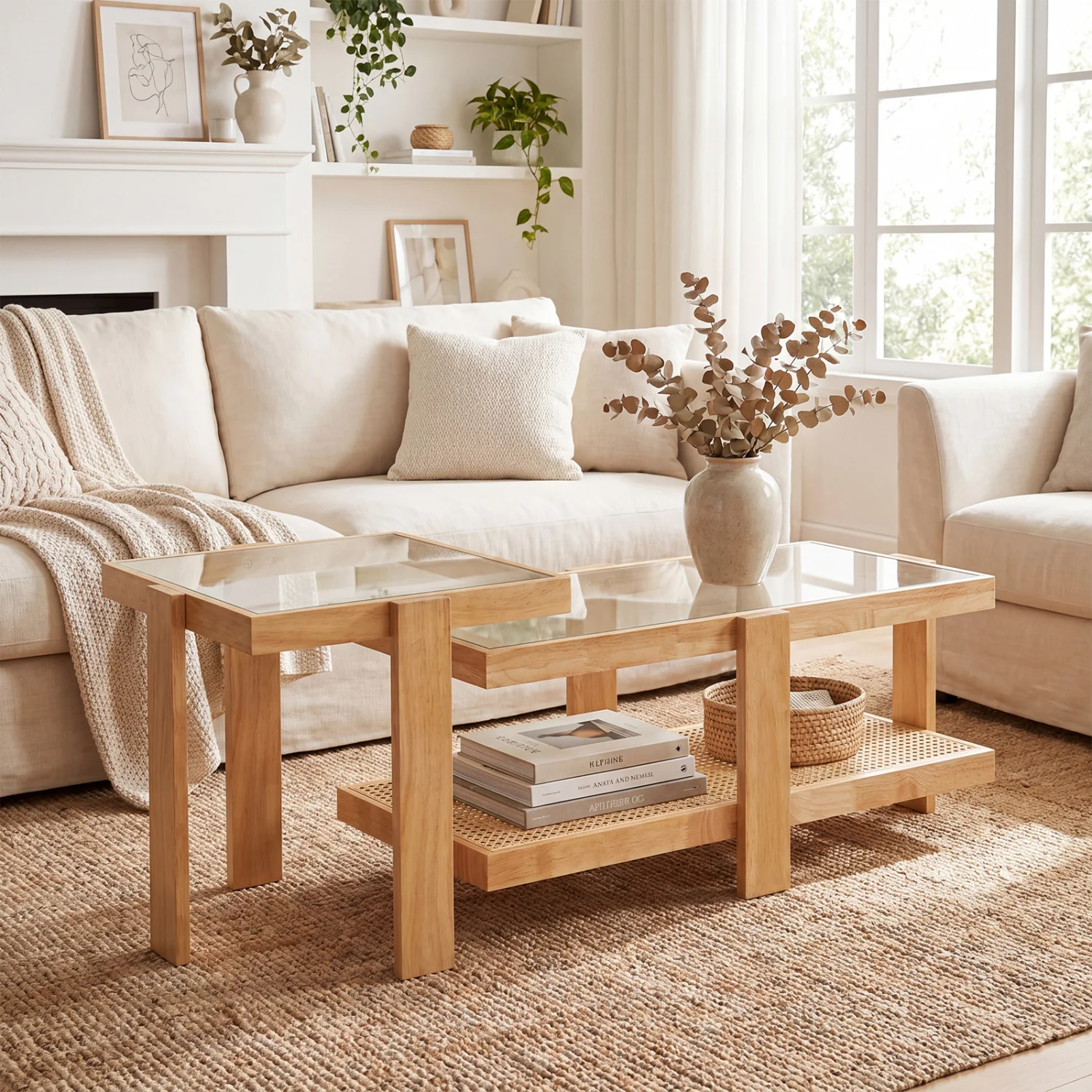 Set of 2 Nesting Coffee Table with Boho Rattan Accent Table, Natural - Image 2