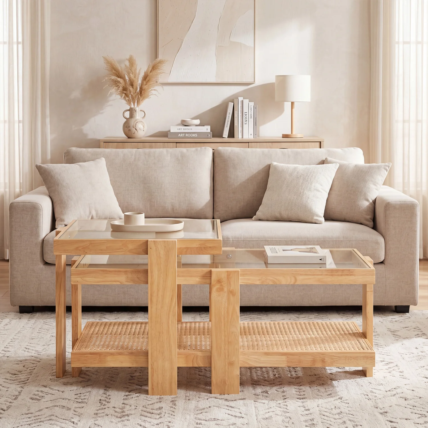 Set of 2 Nesting Coffee Table with Boho Rattan Accent Table, Natural - Image 3