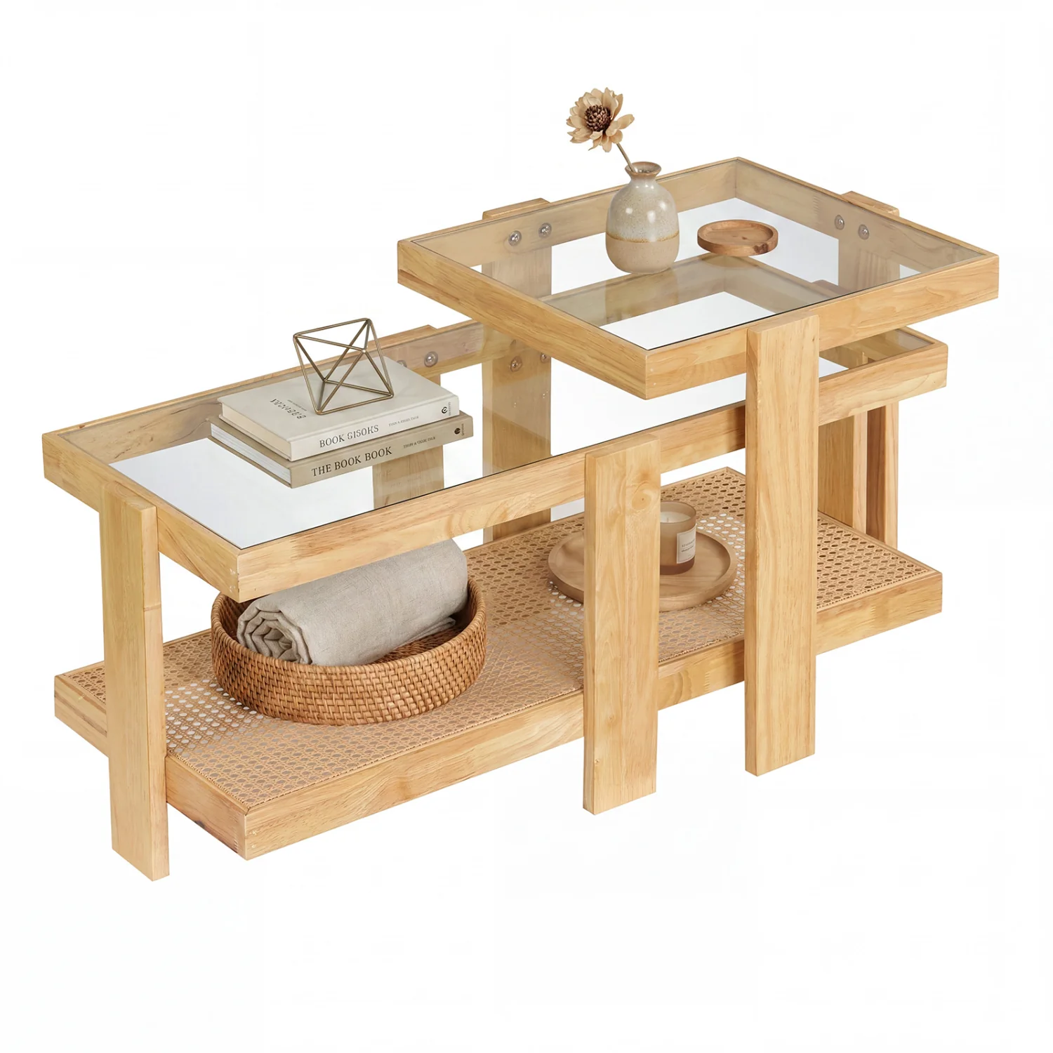 Set of 2 Nesting Coffee Table with Boho Rattan Accent Table, Natural - Image 4