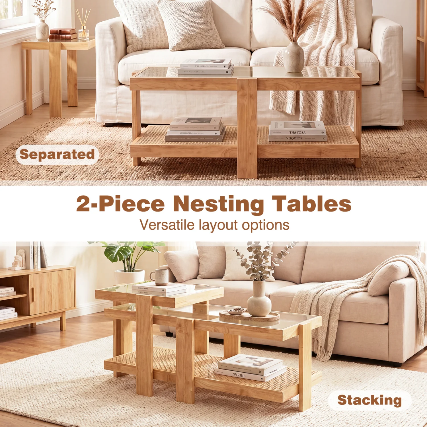 Set of 2 Nesting Coffee Table with Boho Rattan Accent Table, Natural - Image 6