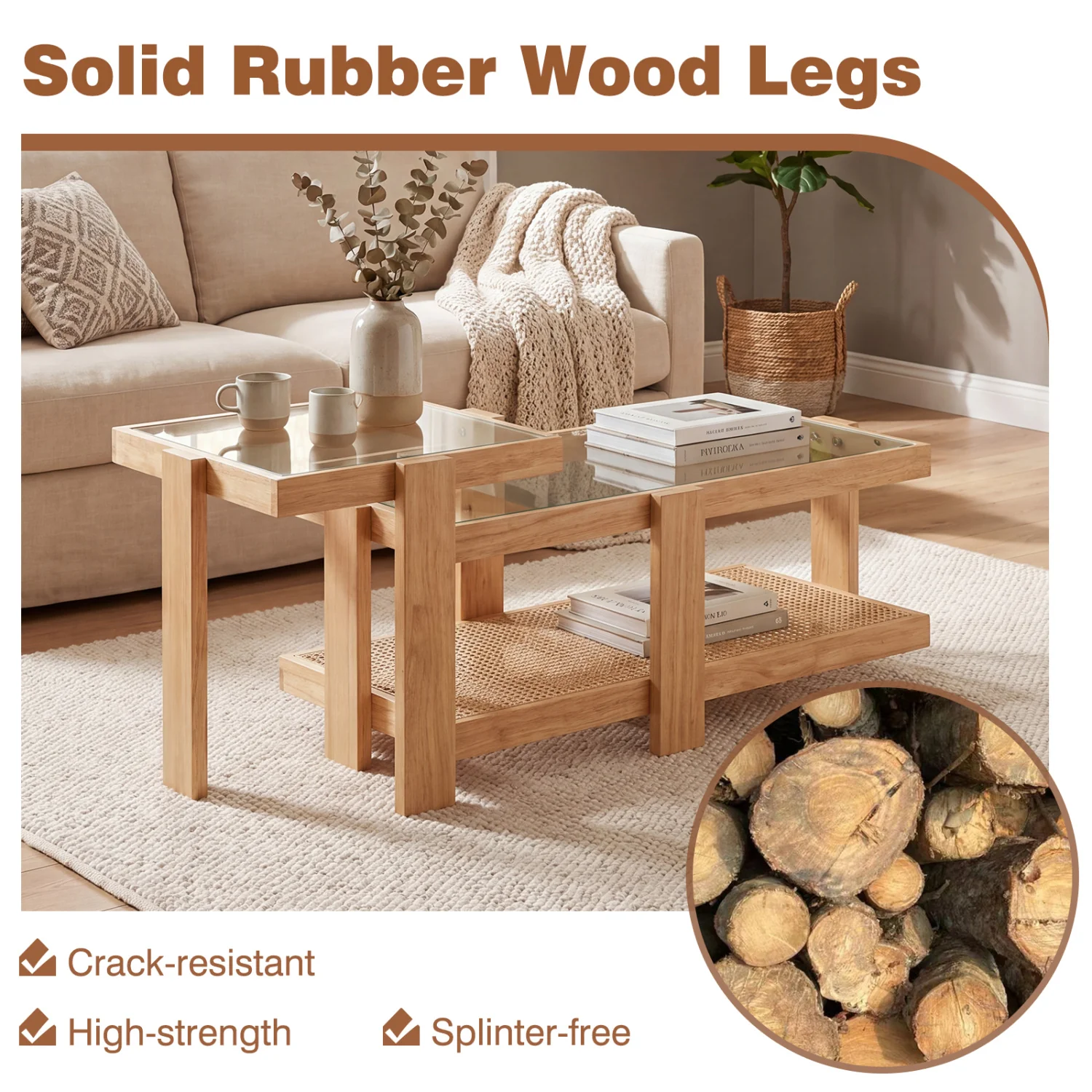 Set of 2 Nesting Coffee Table with Boho Rattan Accent Table, Natural - Image 9