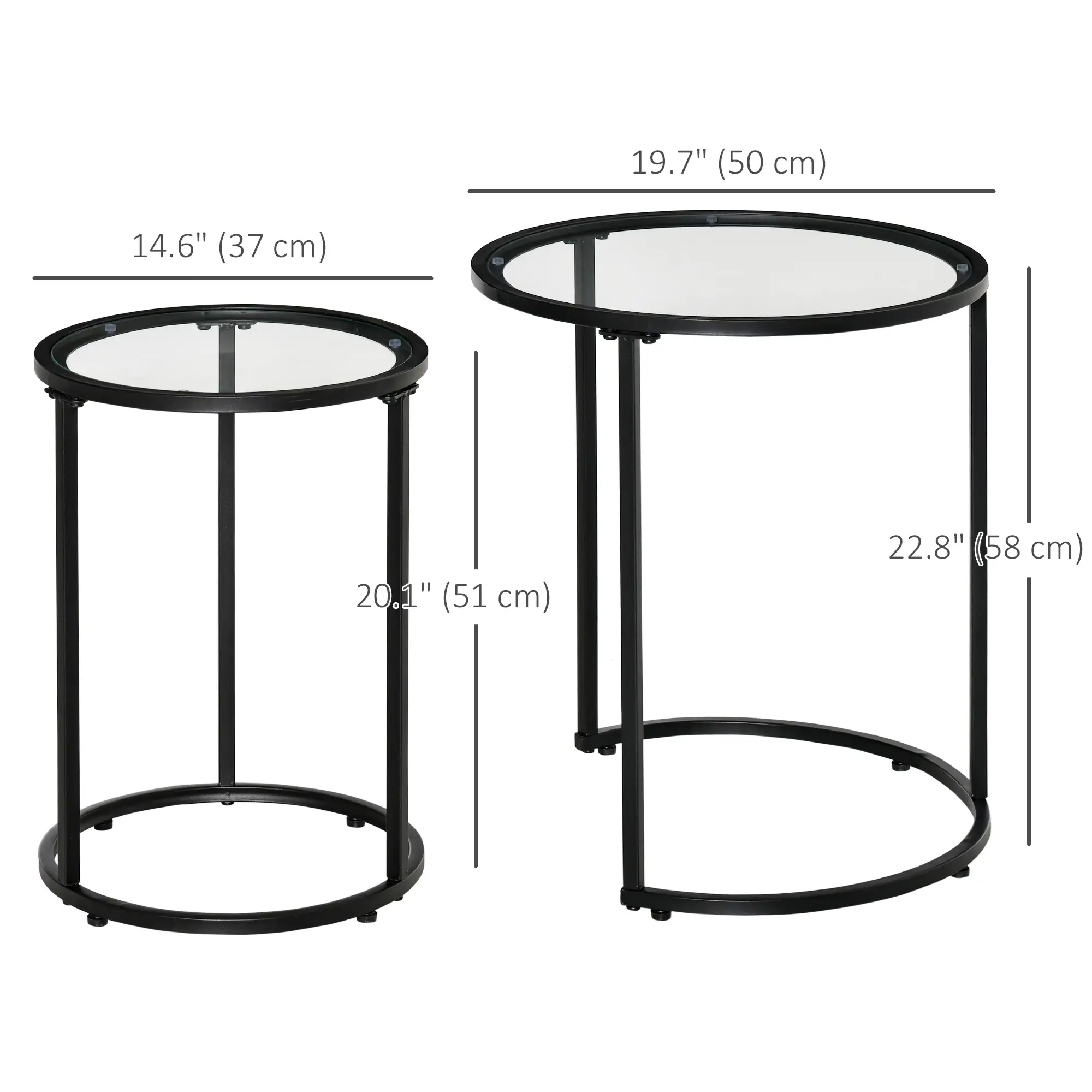 Set of 2 Nesting Coffee Tables, Round Side Table with Tempered Glass Top, Black - Image 3