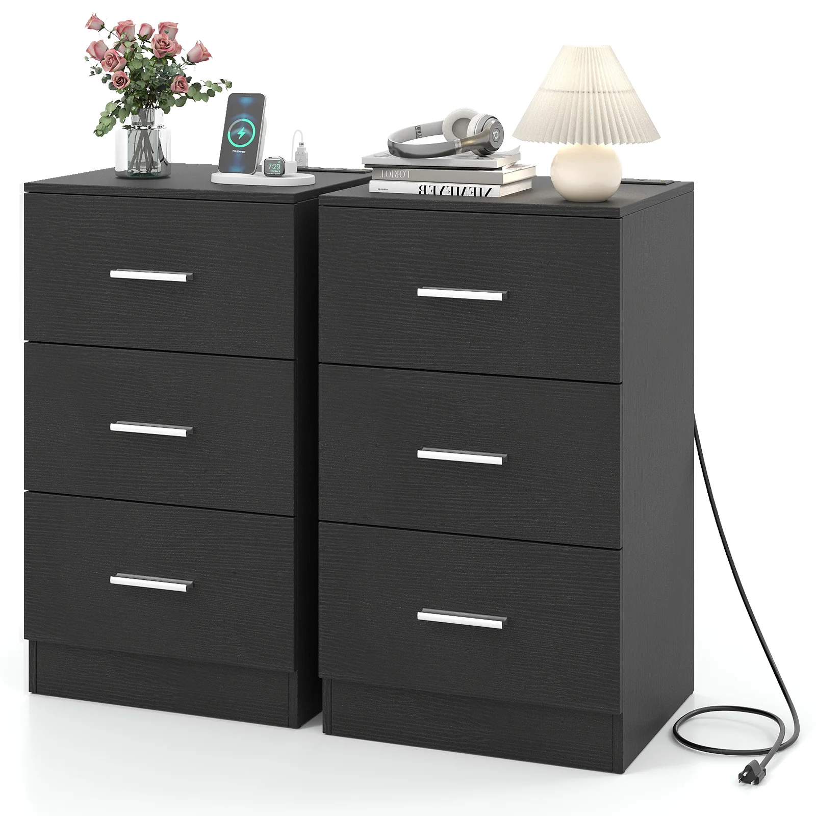 Set of 2 Nightstand with Charging Station End Table with 3 Storage Drawers Bedside Table for Bedroom, Black