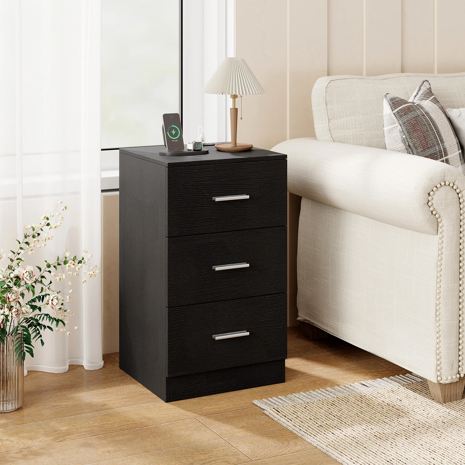 Set of 2 Nightstand with Charging Station End Table with 3 Storage Drawers Bedside Table for Bedroom, Black - Image 10