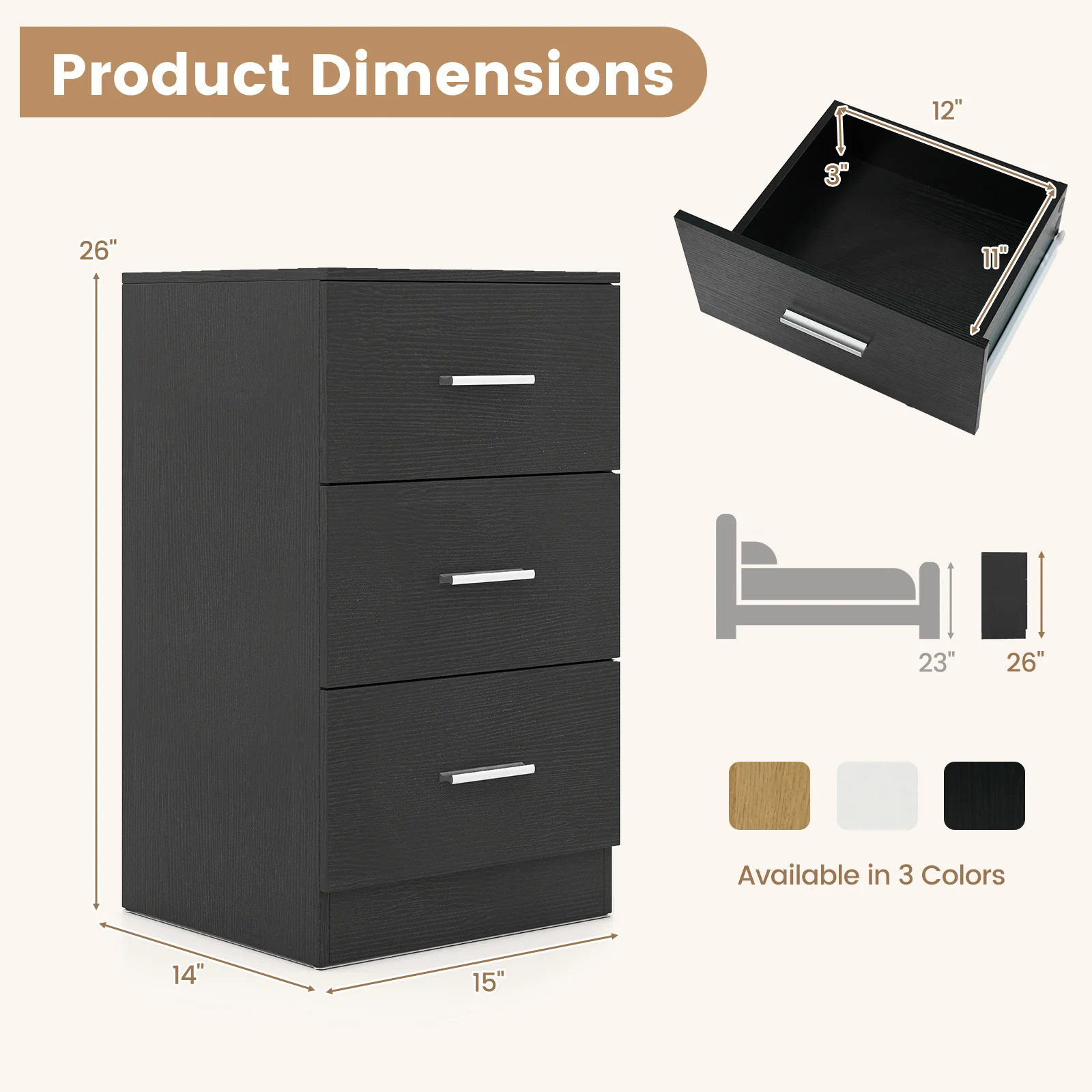 Set of 2 Nightstand with Charging Station End Table with 3 Storage Drawers Bedside Table for Bedroom, Black - Image 6