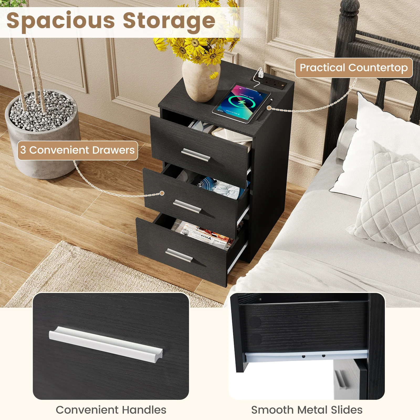 Set of 2 Nightstand with Charging Station End Table with 3 Storage Drawers Bedside Table for Bedroom, Black - Image 8