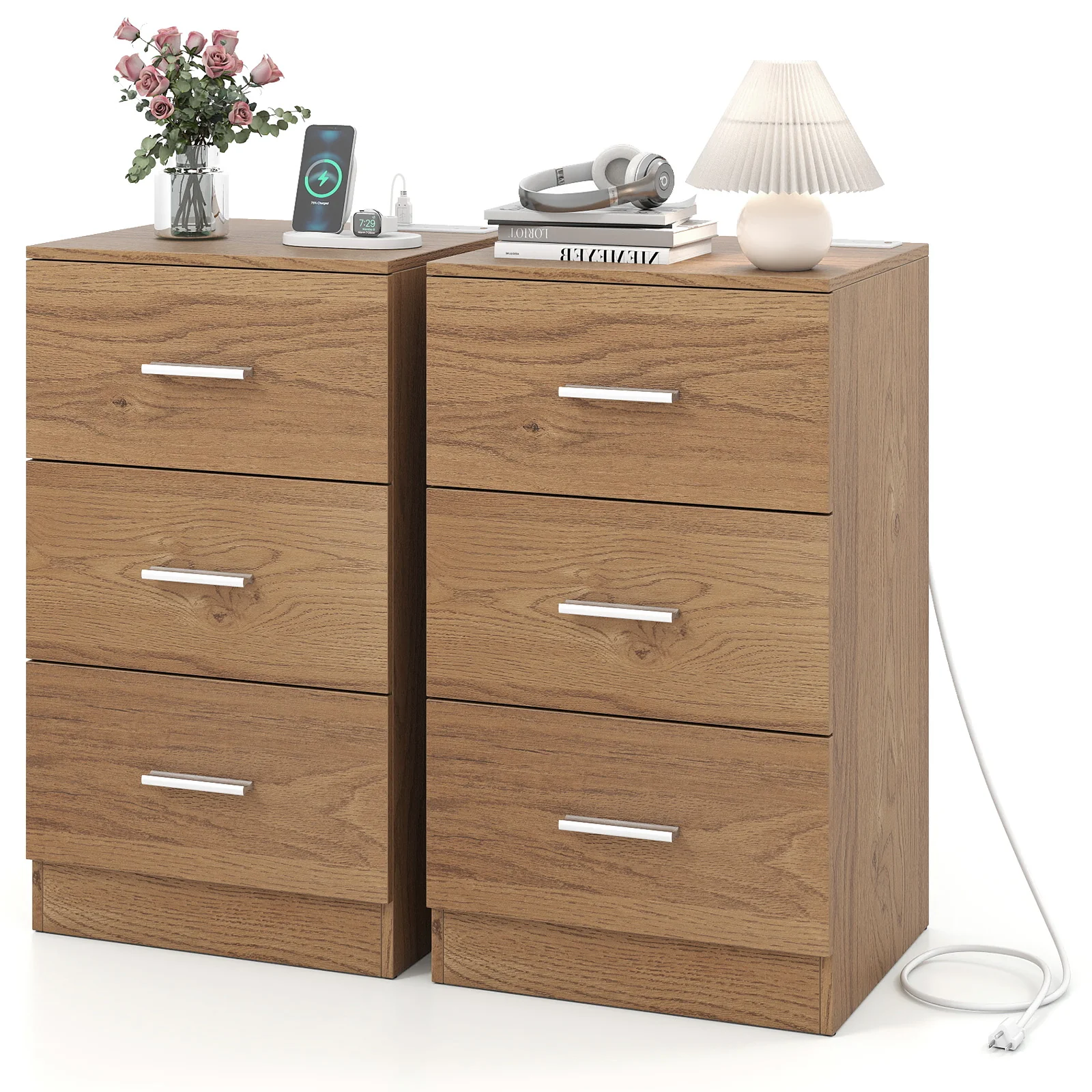 Set of 2 Nightstand with Charging Station End Table with 3 Storage Drawers Bedside Table for Bedroom, Natural