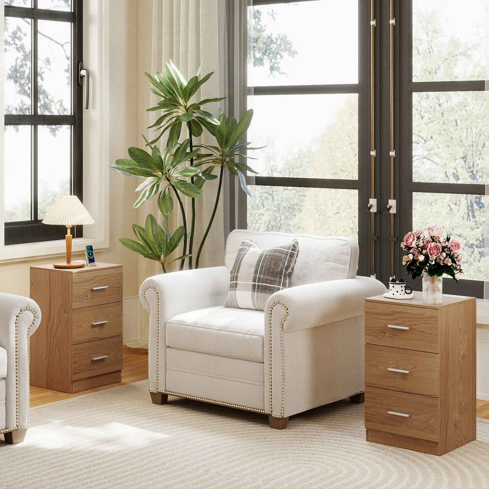 Set of 2 Nightstand with Charging Station End Table with 3 Storage Drawers Bedside Table for Bedroom, Natural - Image 2