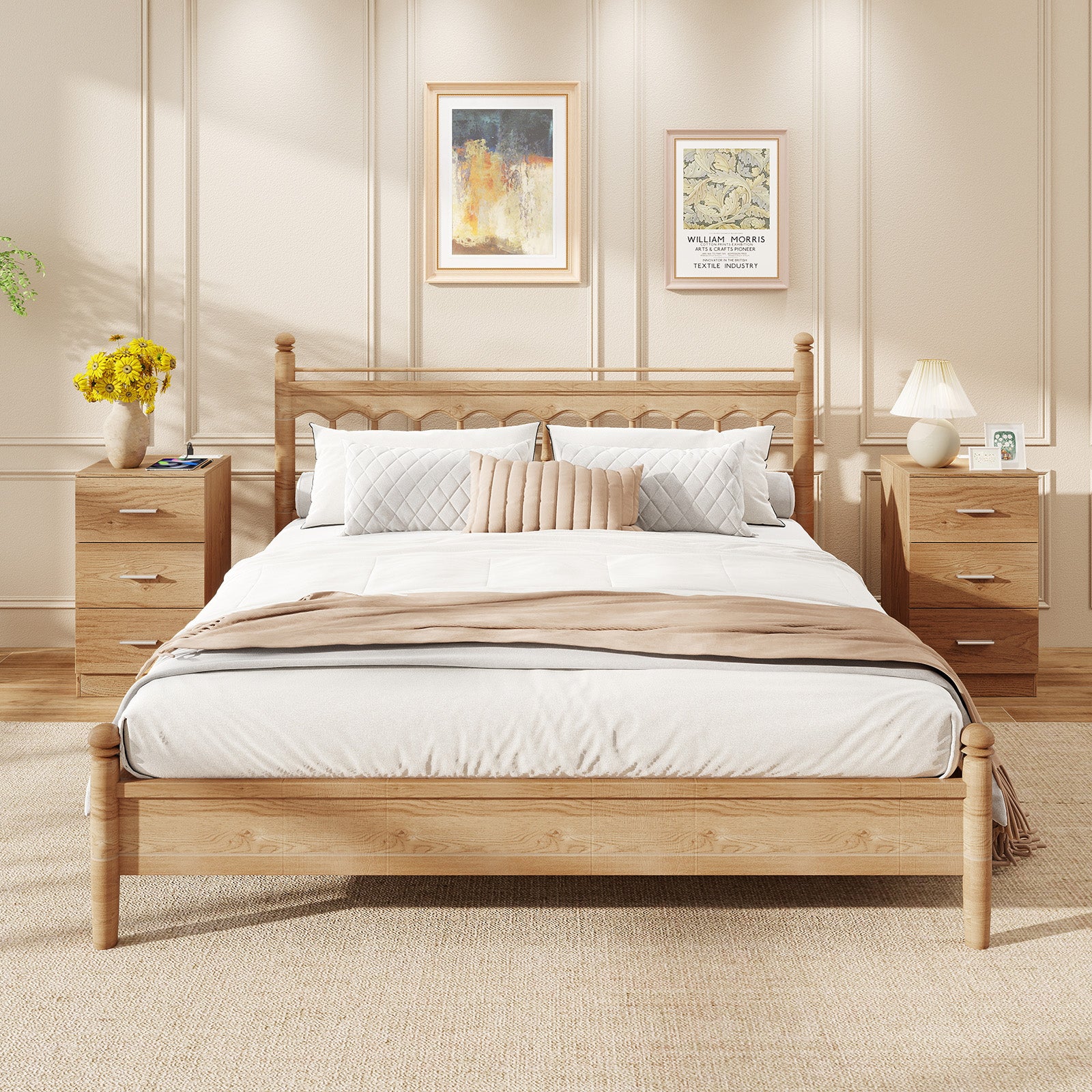 Set of 2 Nightstand with Charging Station End Table with 3 Storage Drawers Bedside Table for Bedroom, Natural - Image 3